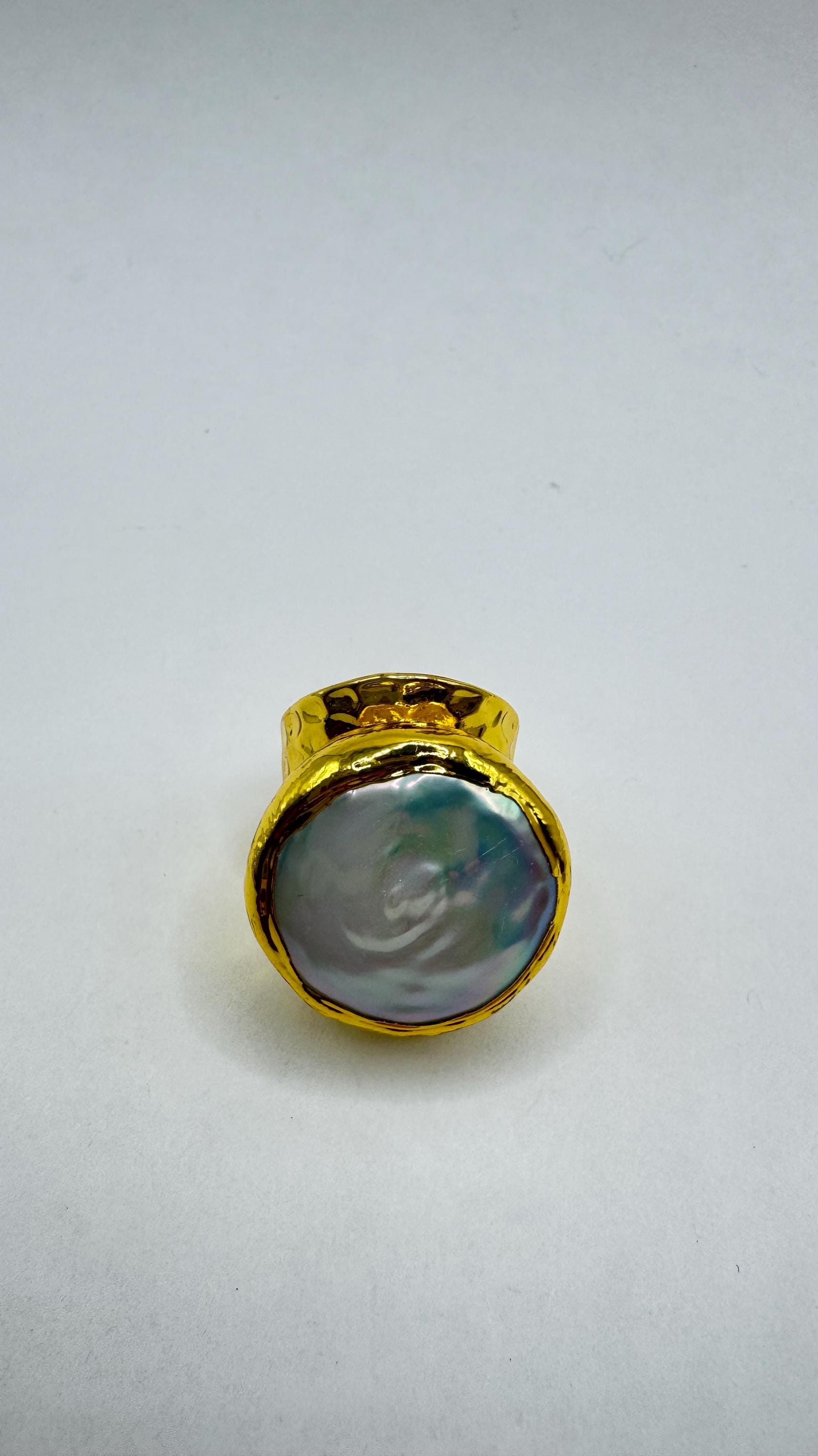 Vintage Biwa Pearl Ring Golden Adjustable