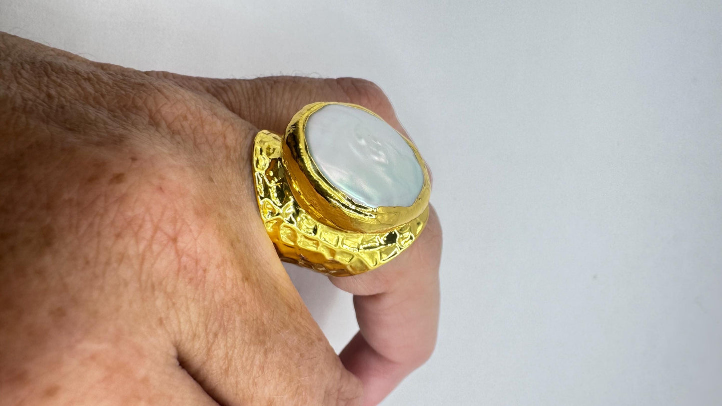 Vintage Biwa Pearl Ring Golden Adjustable