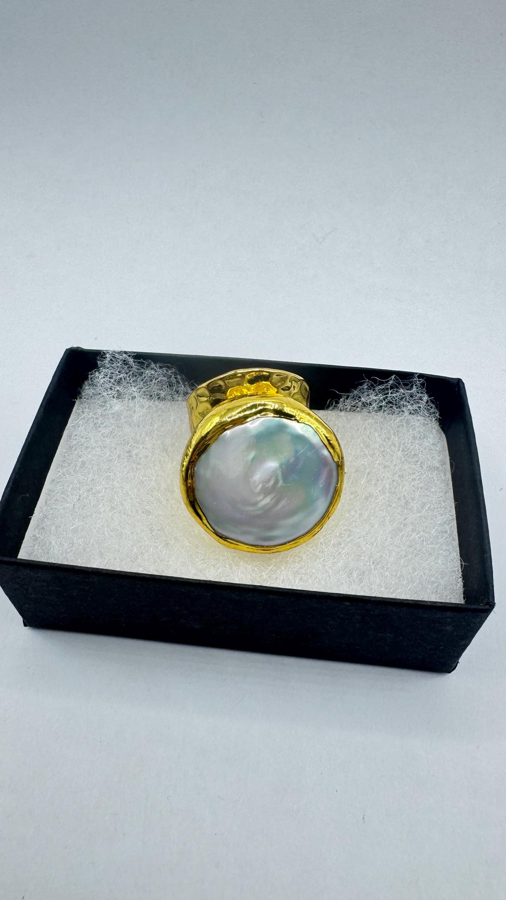 Vintage Biwa Pearl Ring Golden Adjustable