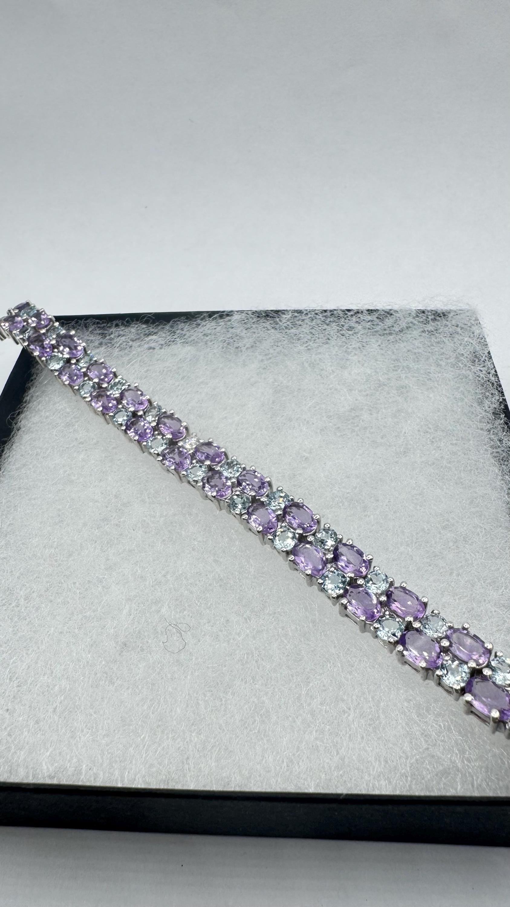 Handmade Genuine Purple Amethyst and Sapphire 925 Sterling Silver Tennis Bracelet