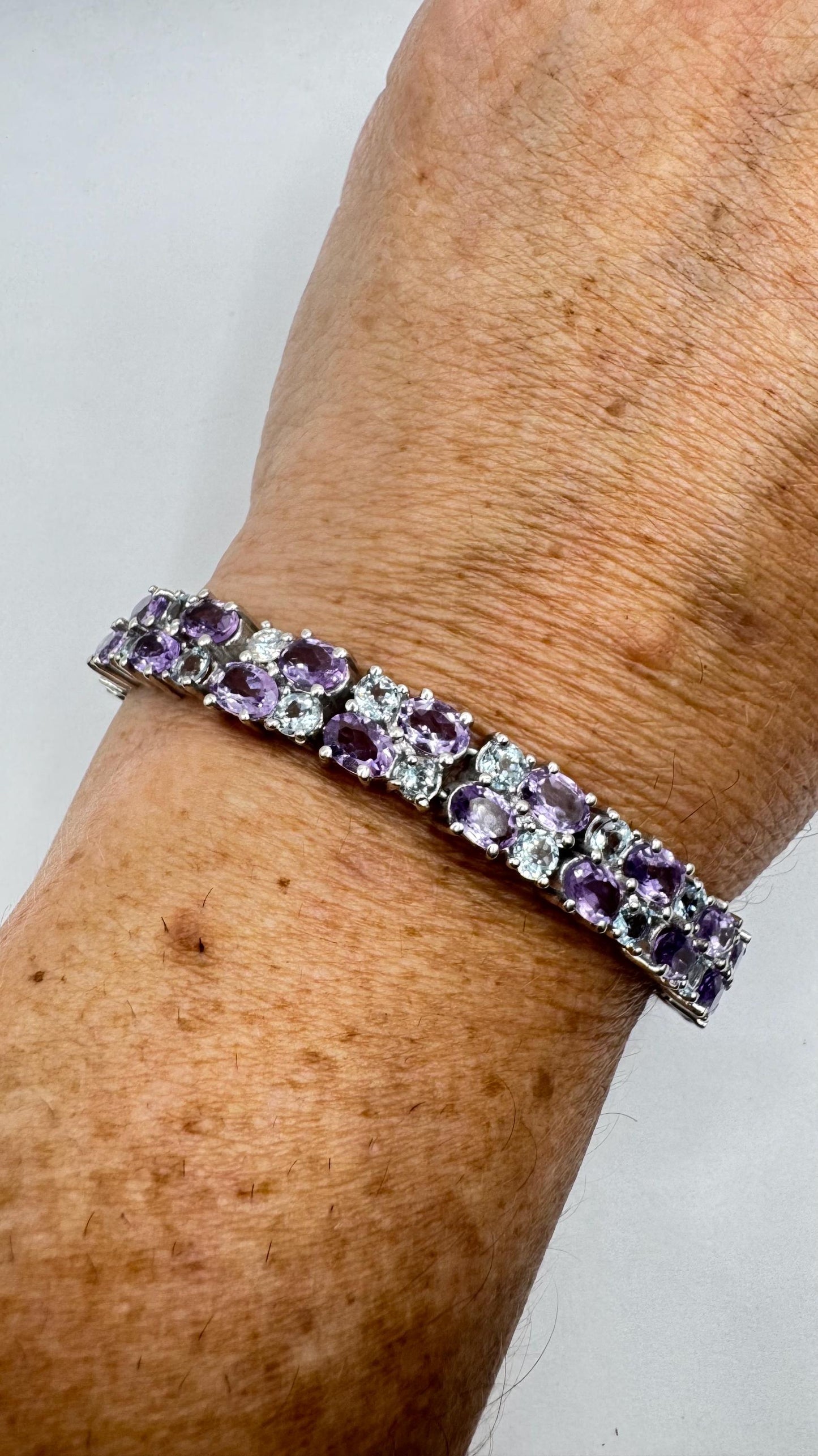 Handmade Genuine Purple Amethyst and Sapphire 925 Sterling Silver Tennis Bracelet