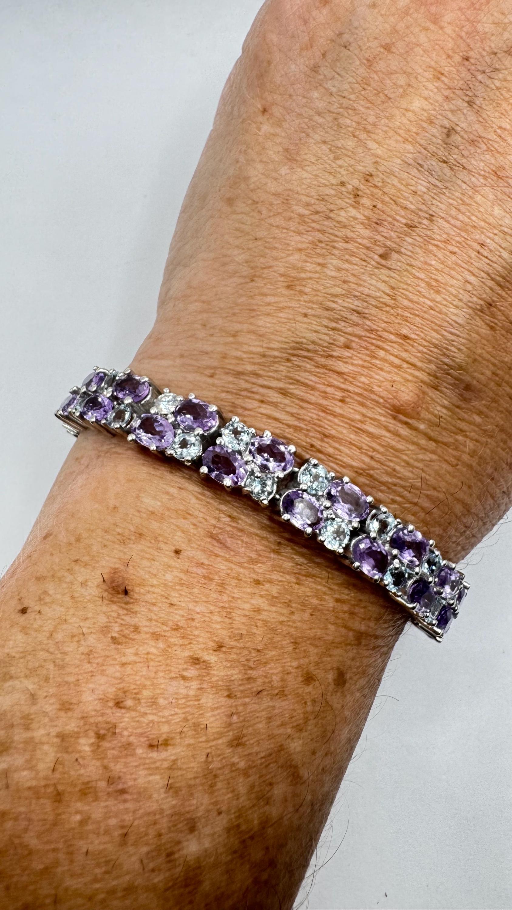 Handmade Genuine Purple Amethyst and Sapphire 925 Sterling Silver Tennis Bracelet