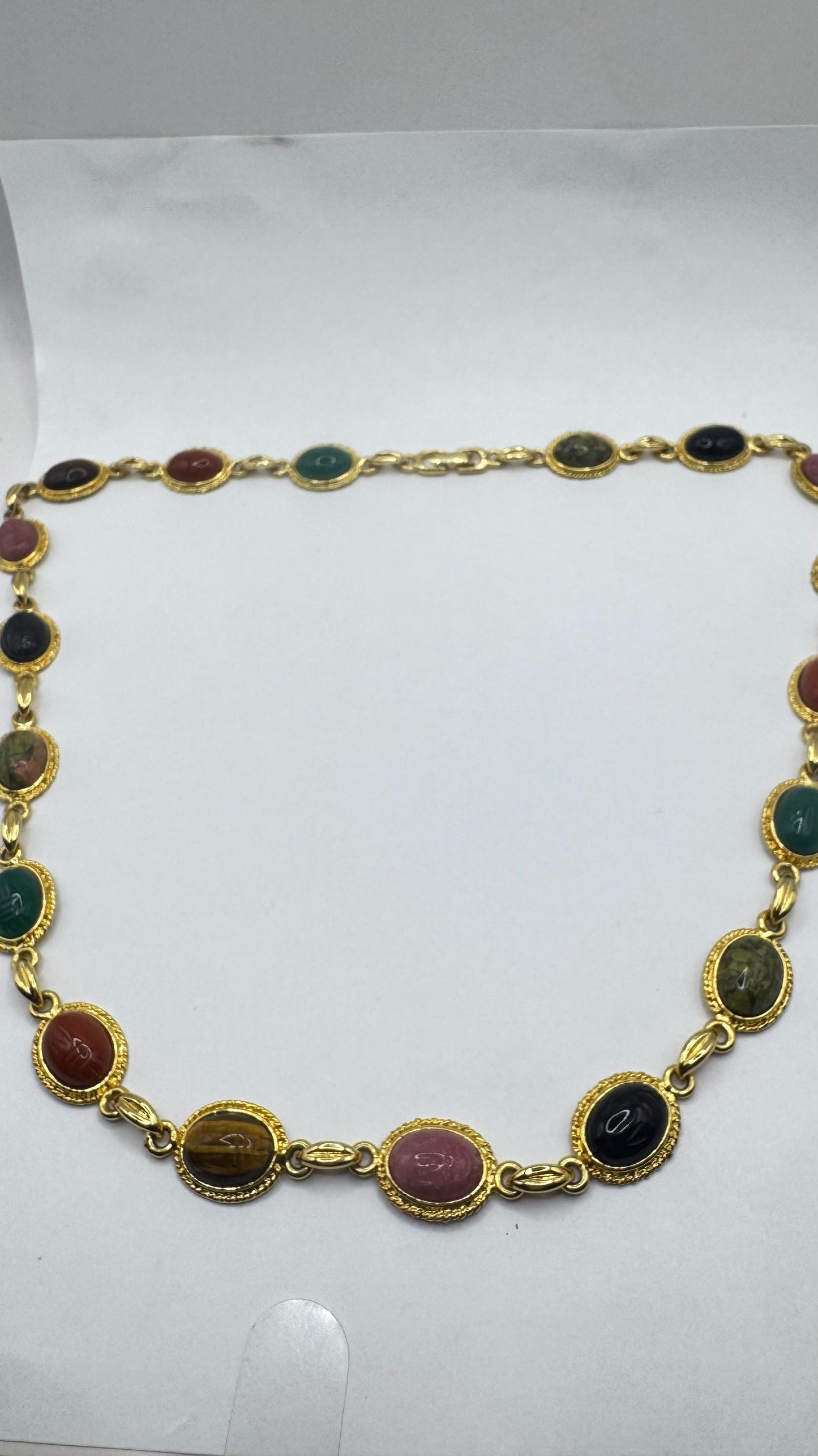 Vintage Green Jade Mixed Stone scarab Yellow 12k Gold Fill Necklace