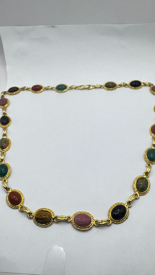 Vintage Green Jade Mixed Stone scarab Yellow 12k Gold Fill Necklace