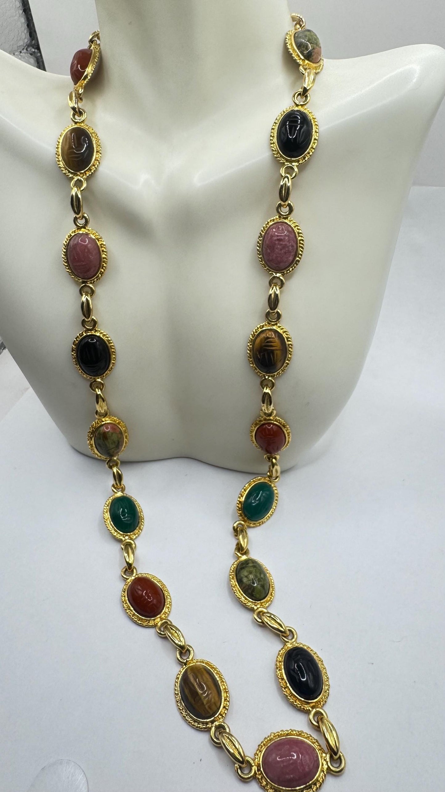 Vintage Green Jade Mixed Stone scarab Yellow 12k Gold Fill Necklace
