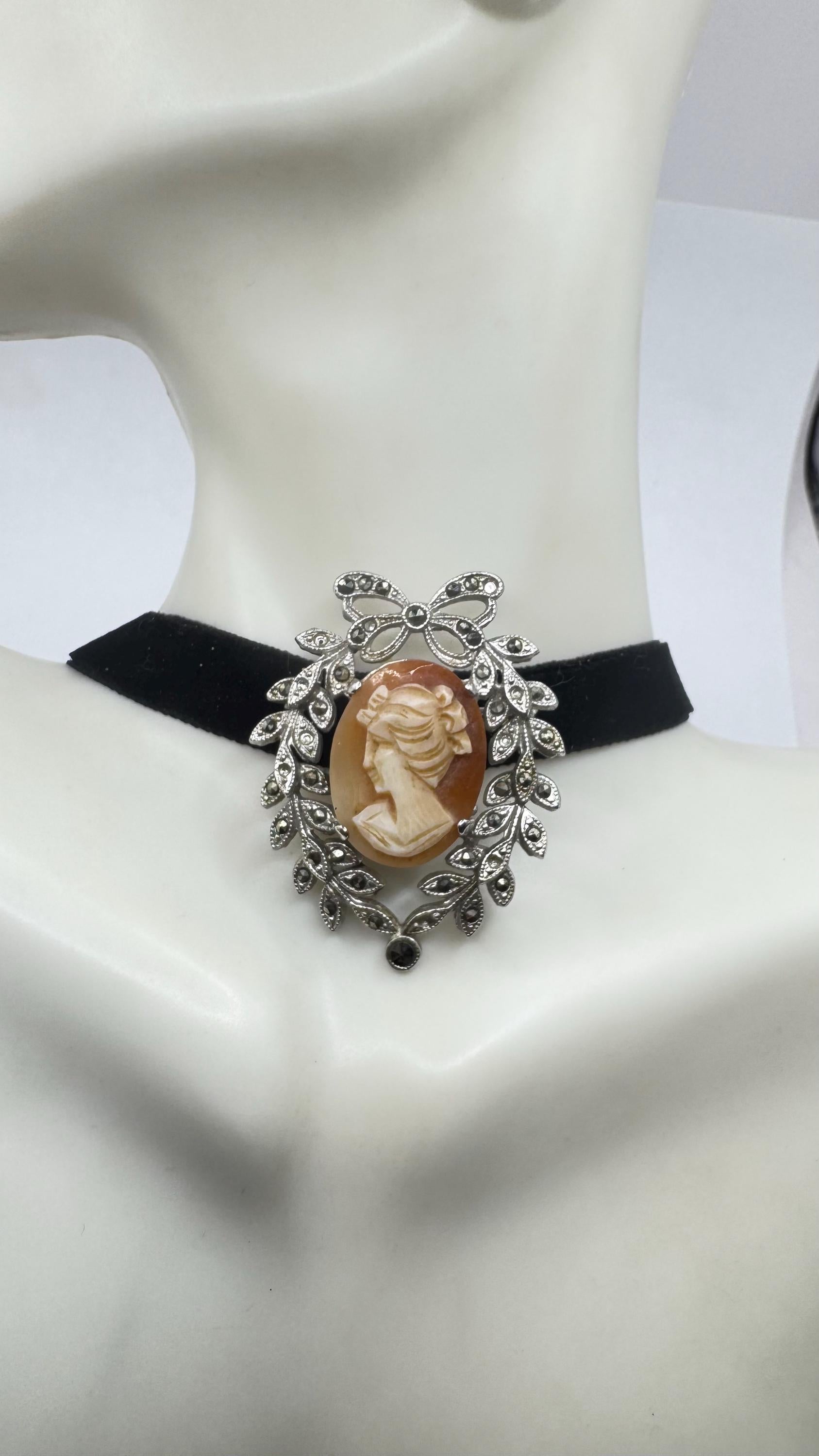 Vintage Shell Cameo 925 Sterling Silver Necklace Pin Choker