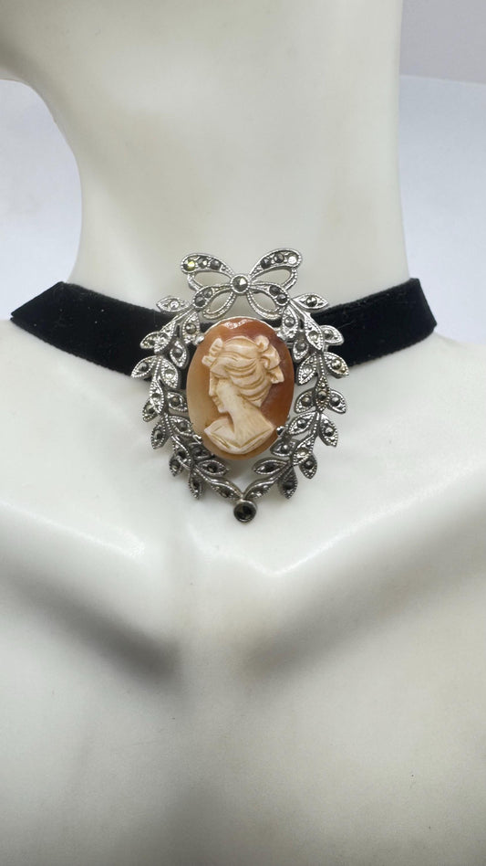 Vintage Shell Cameo 925 Sterling Silver Necklace Pin Choker