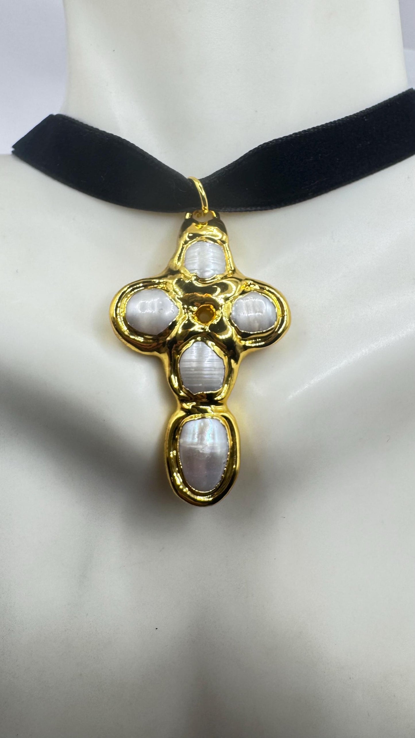 Vintage Pearl Cross Black Velvet Choker Gold Filled Pendant
