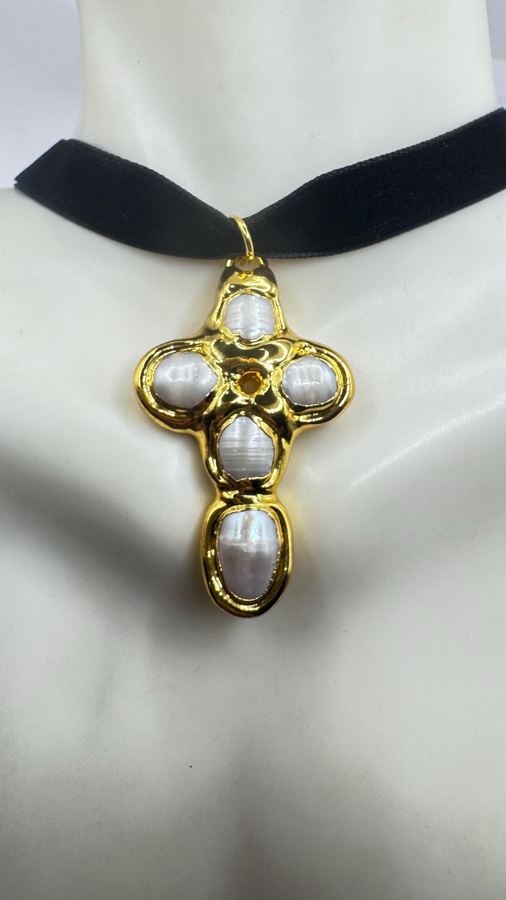 Vintage Pearl Cross Black Velvet Choker Gold Filled Pendant