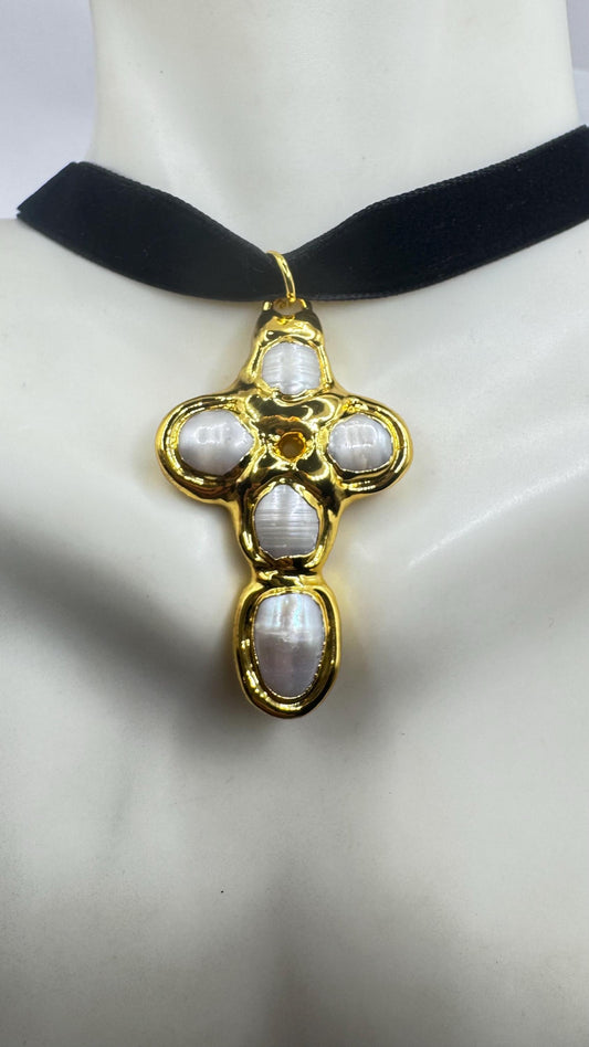 Vintage Pearl Cross Black Velvet Choker Gold Filled Pendant