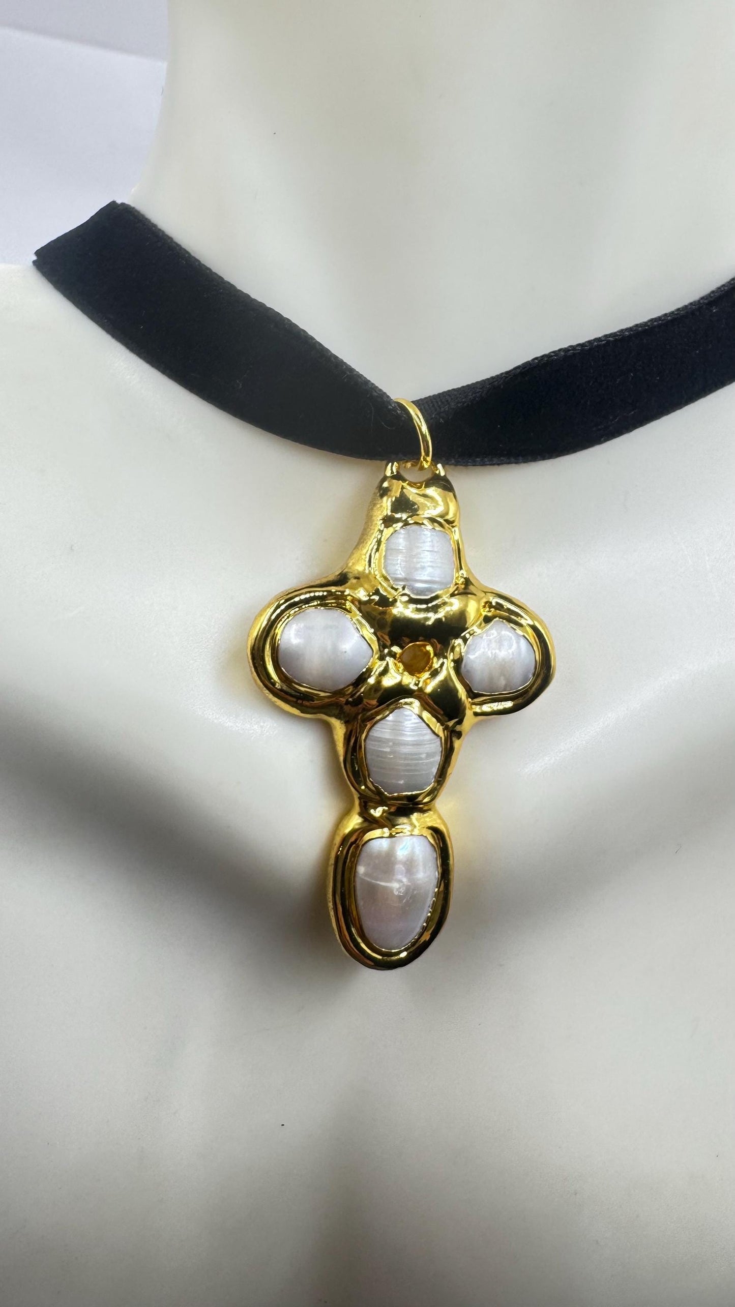 Vintage Pearl Cross Black Velvet Choker Gold Filled Pendant