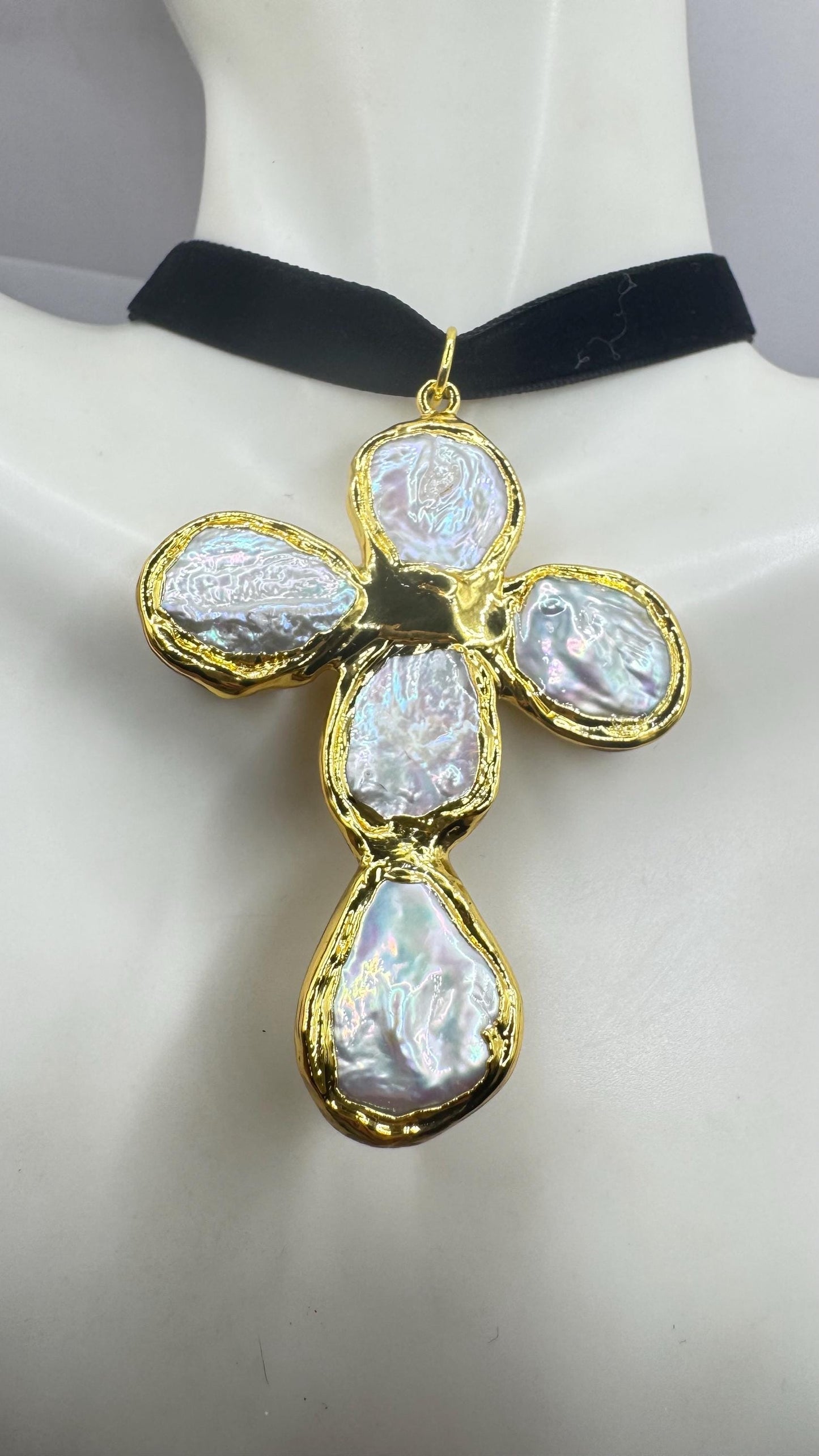Vintage Pearl Cross Black Velvet Choker Gold Filled Pendant