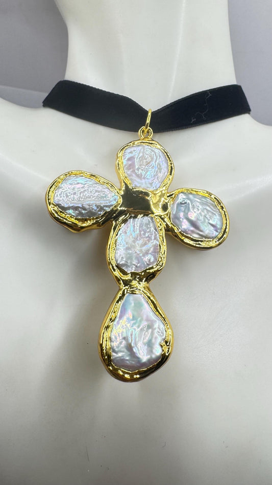 Vintage Pearl Cross Black Velvet Choker Gold Filled Pendant