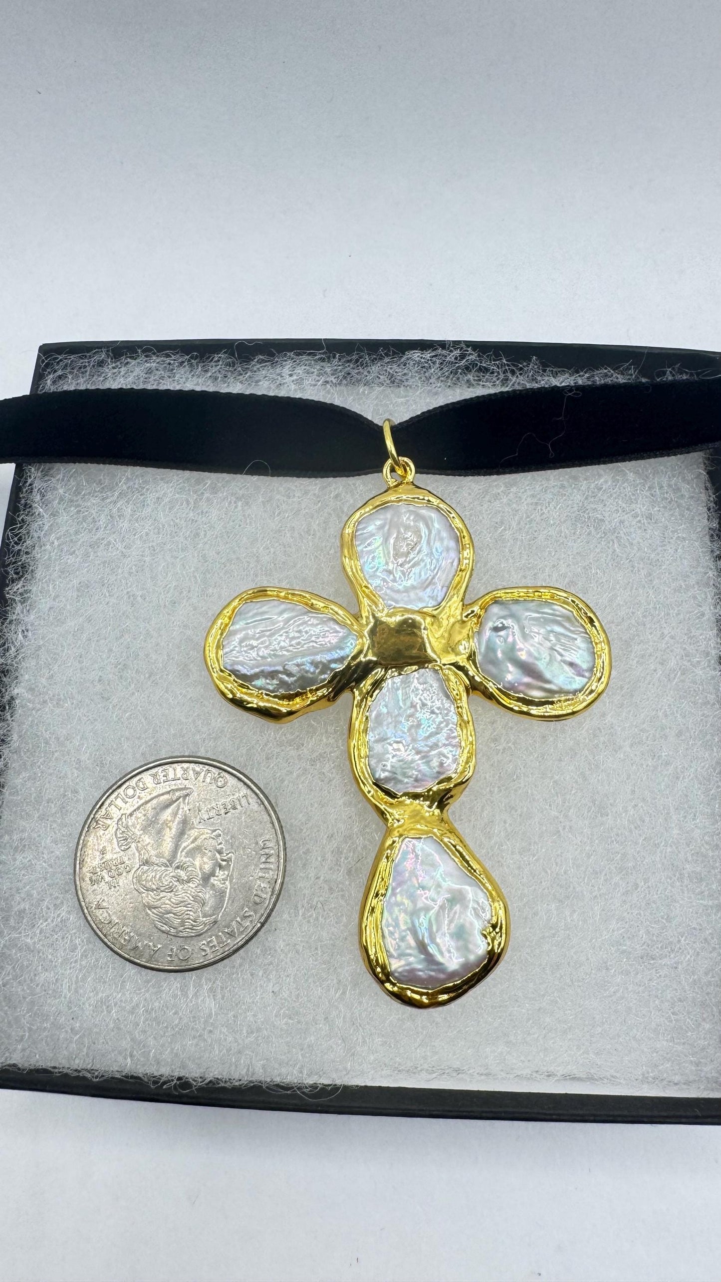 Vintage Pearl Cross Black Velvet Choker Gold Filled Pendant