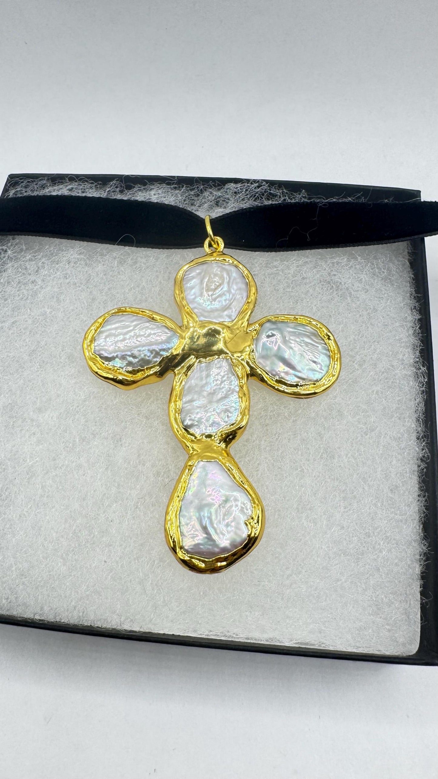 Vintage Pearl Cross Black Velvet Choker Gold Filled Pendant