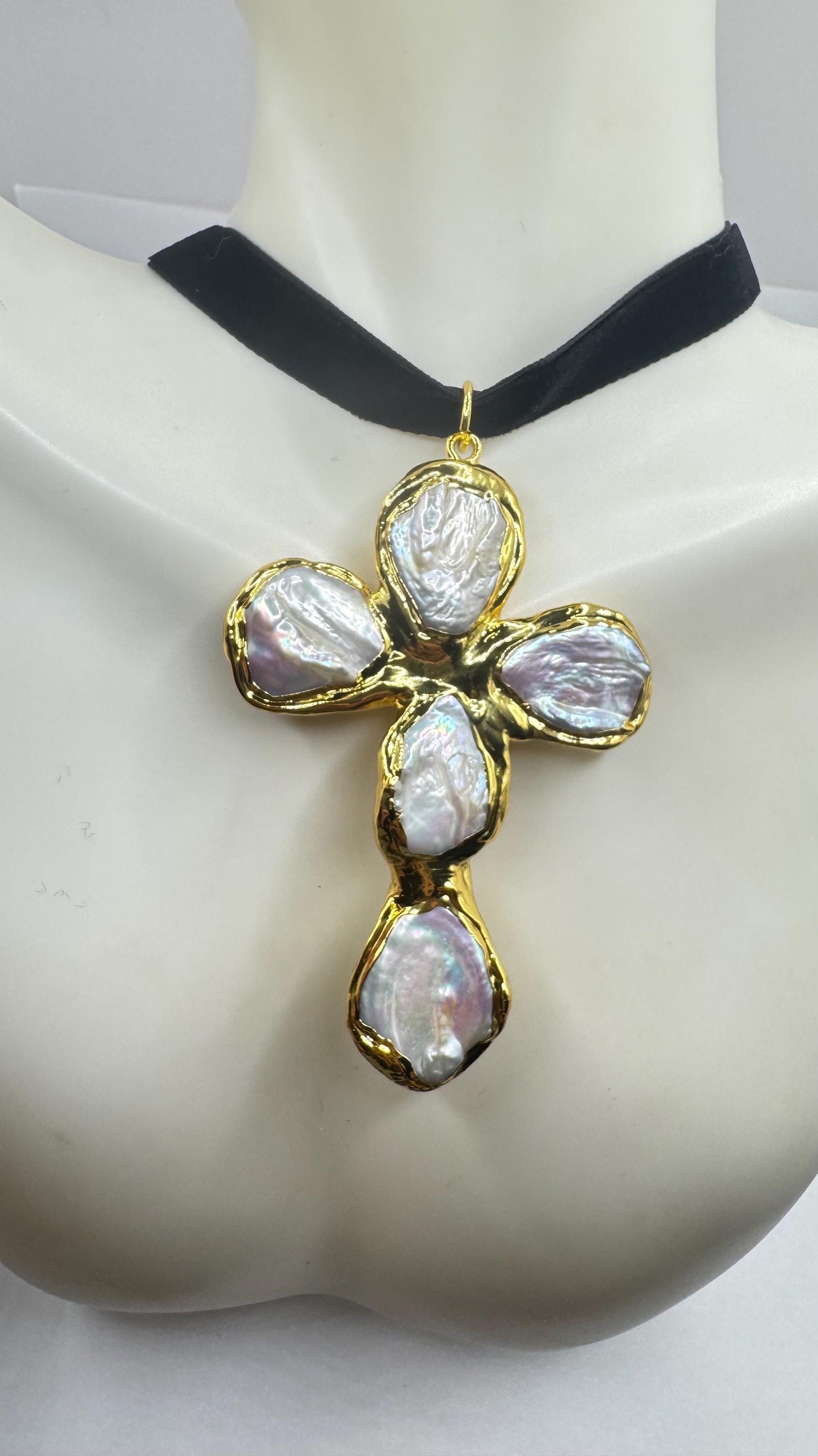 Vintage Pearl Cross Black Velvet Choker Gold Filled Pendant