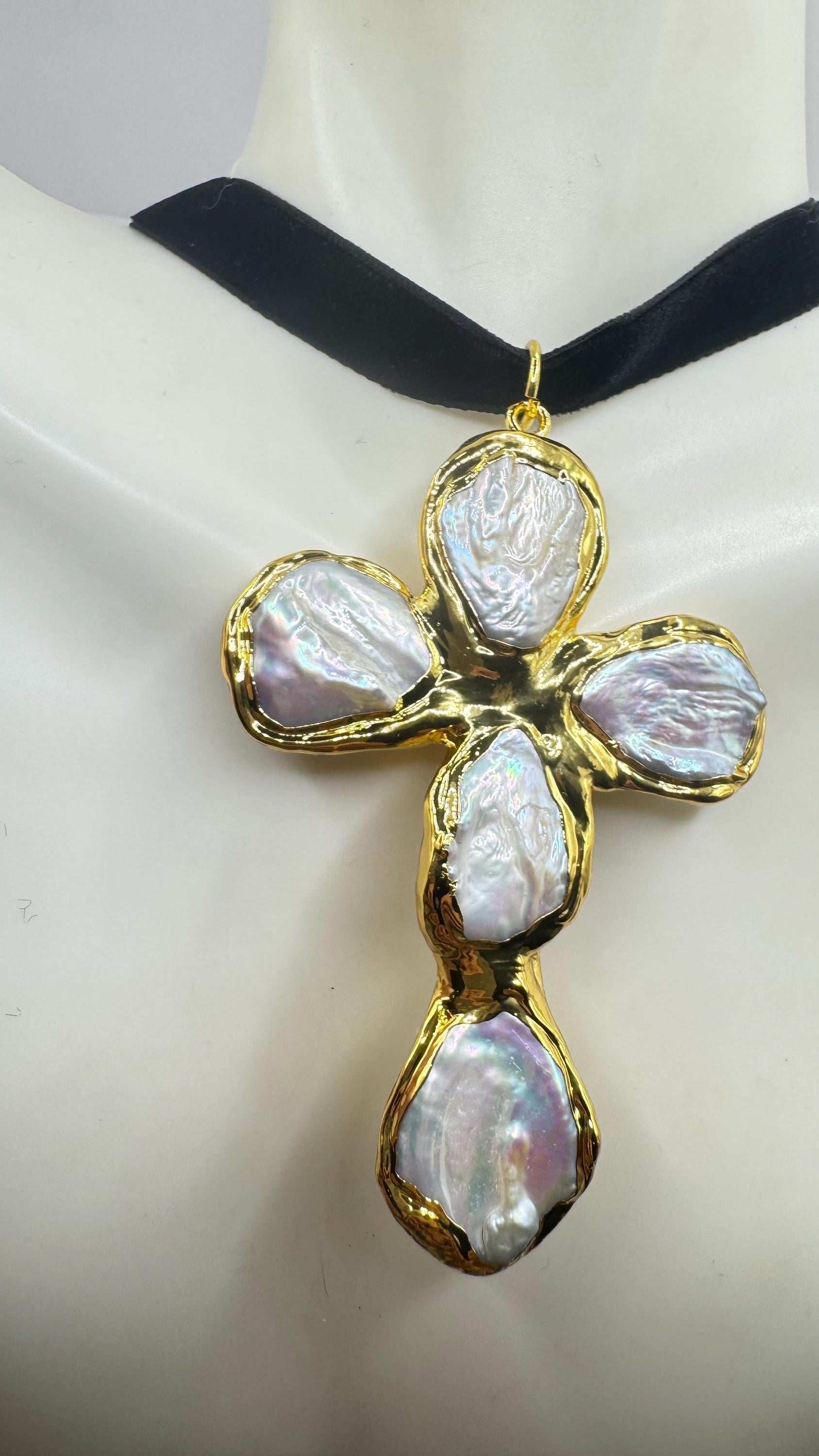 Vintage Pearl Cross Black Velvet Choker Gold Filled Pendant