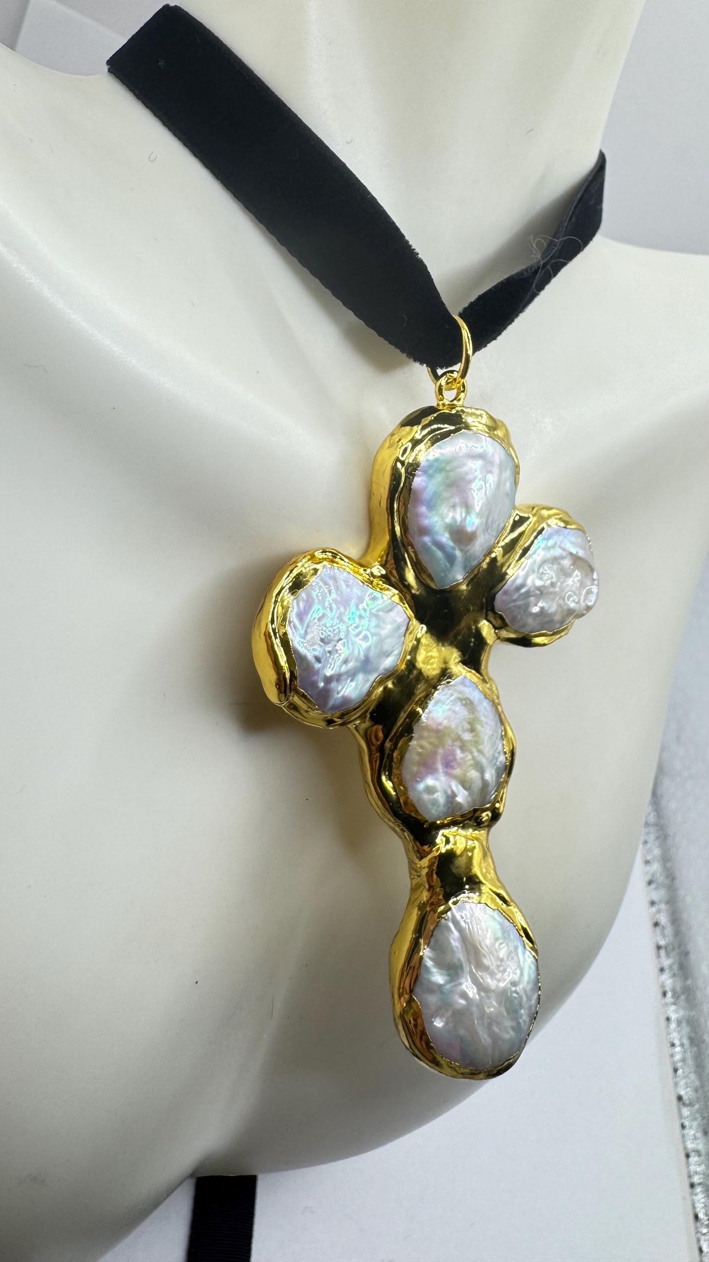 Vintage Pearl Cross Black Velvet Choker Gold Filled Pendant