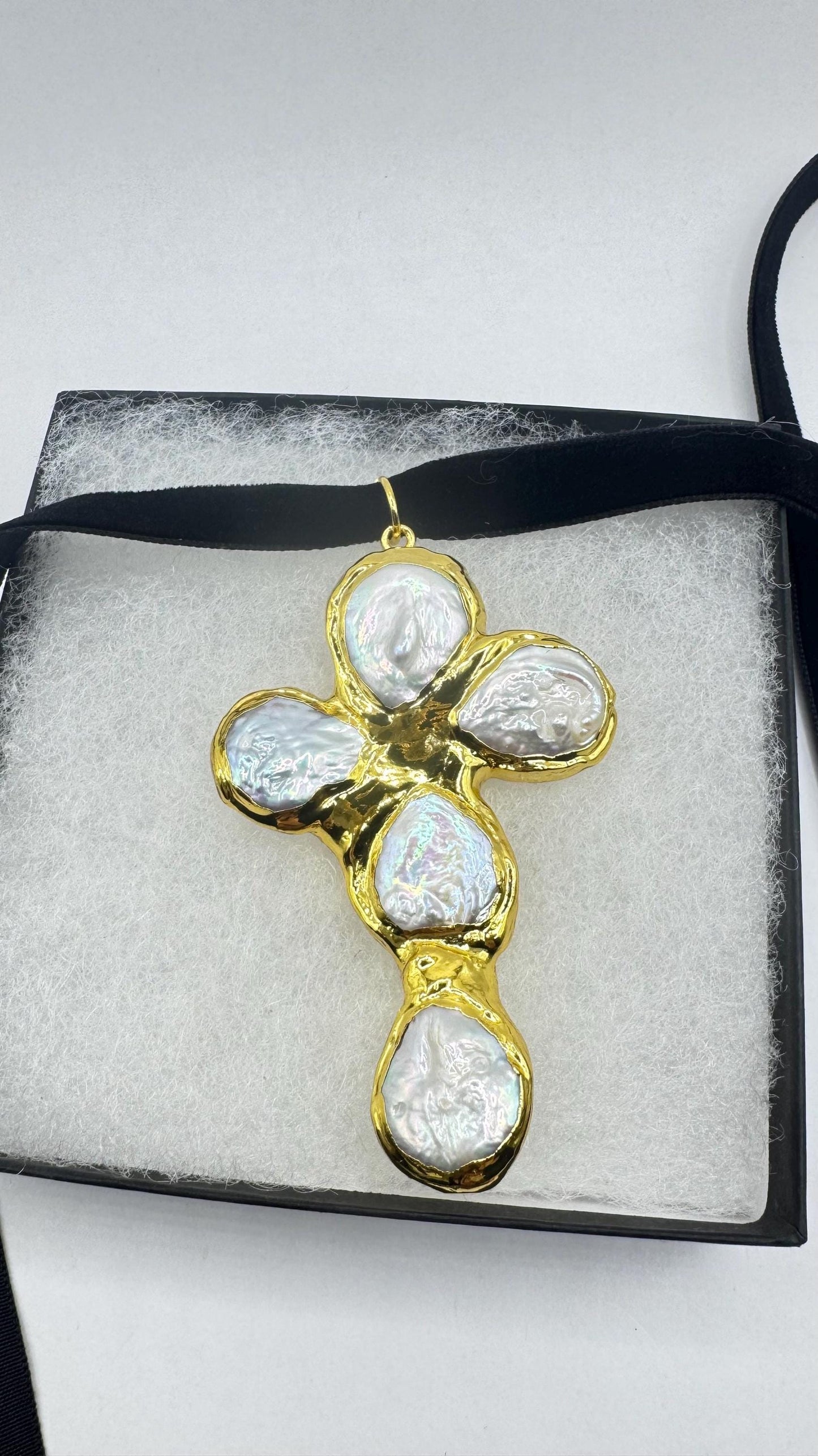 Vintage Pearl Cross Black Velvet Choker Gold Filled Pendant