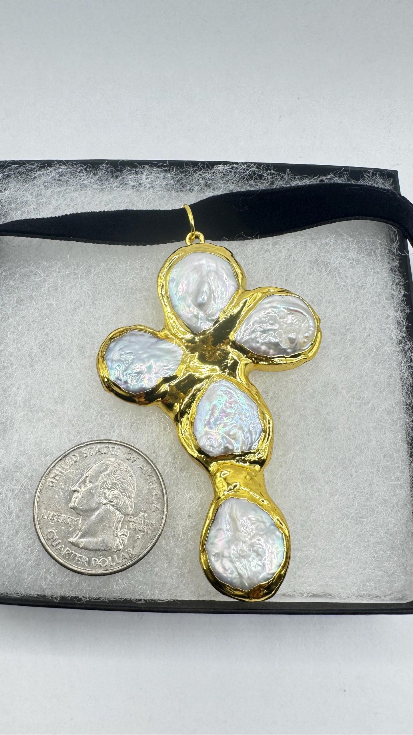 Vintage Pearl Cross Black Velvet Choker Gold Filled Pendant