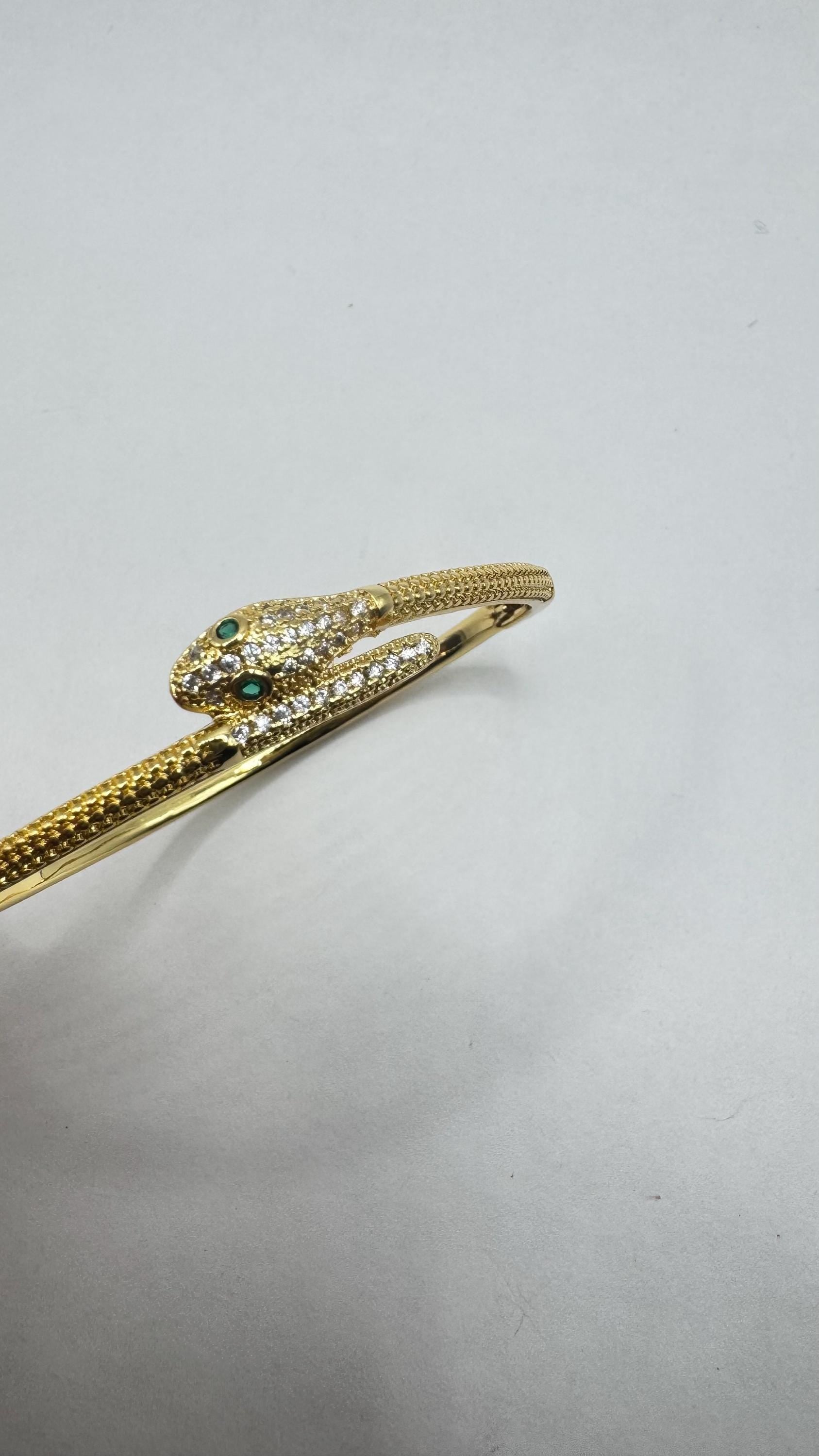 Vintage Snake Bangle Bracelet Gold Filled Green Crystal Eyes