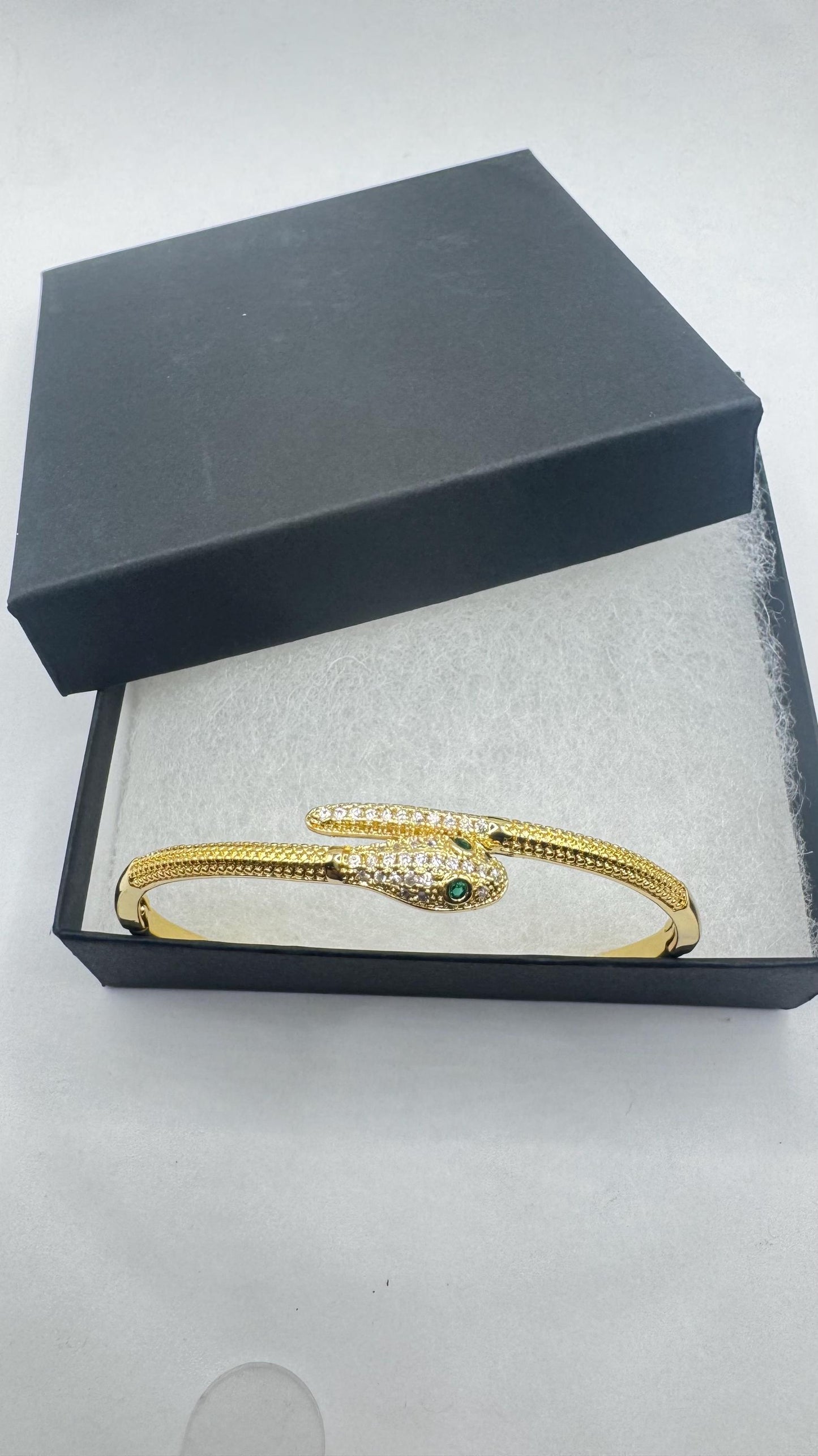 Vintage Snake Bangle Bracelet Gold Filled Green Crystal Eyes