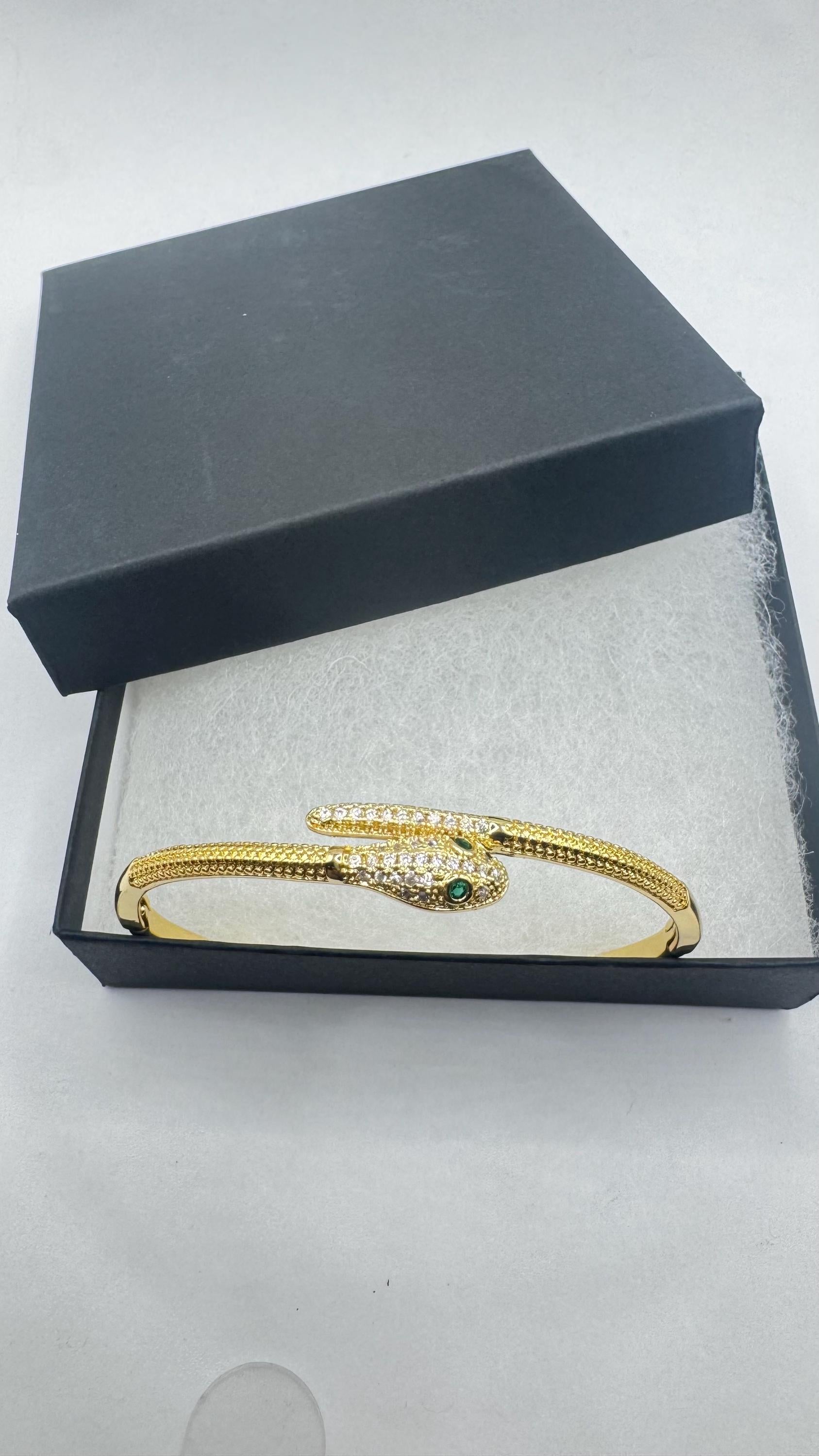 Vintage Snake Bangle Bracelet Gold Filled Green Crystal Eyes