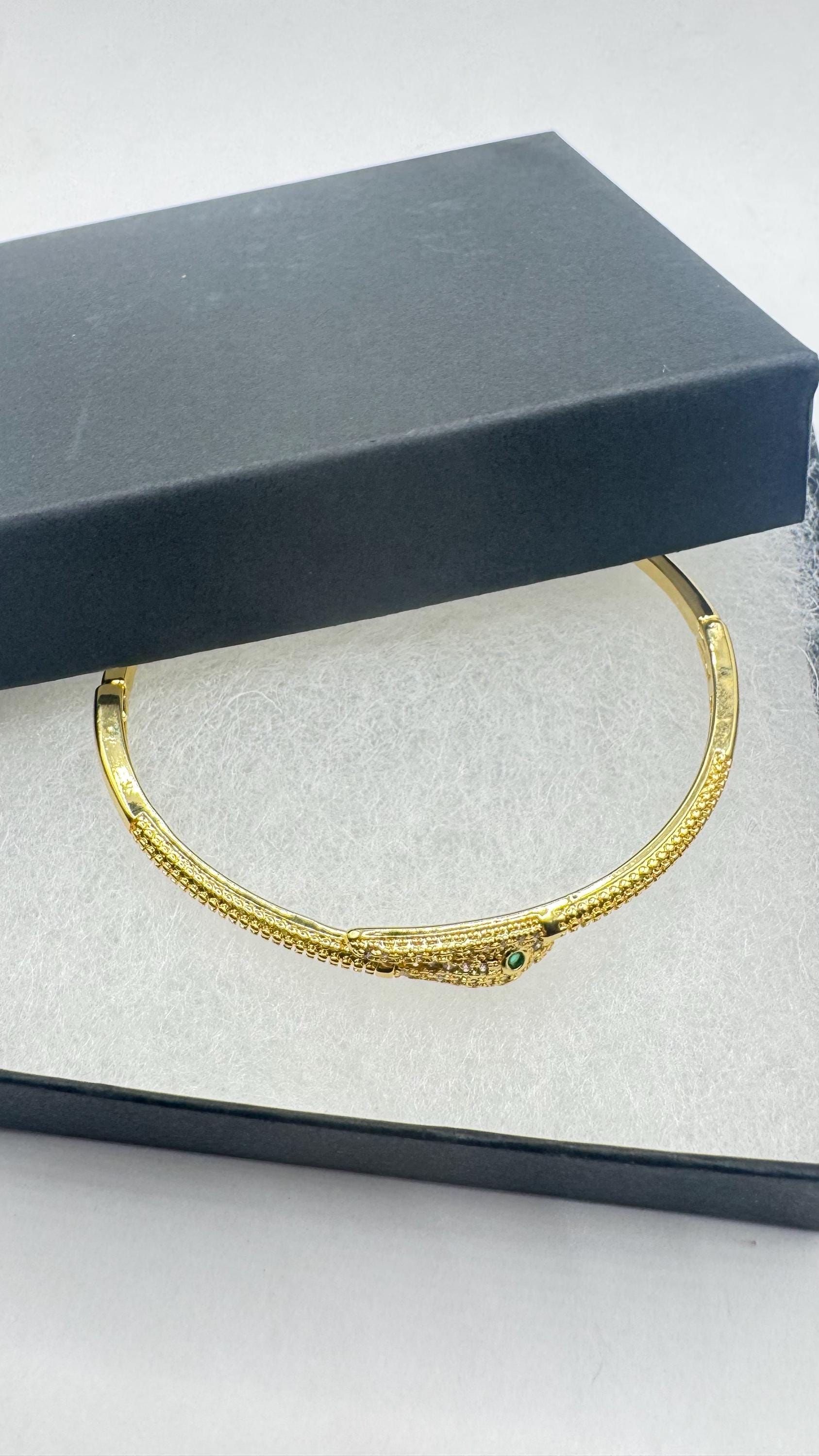 Vintage Snake Bangle Bracelet Gold Filled Green Crystal Eyes