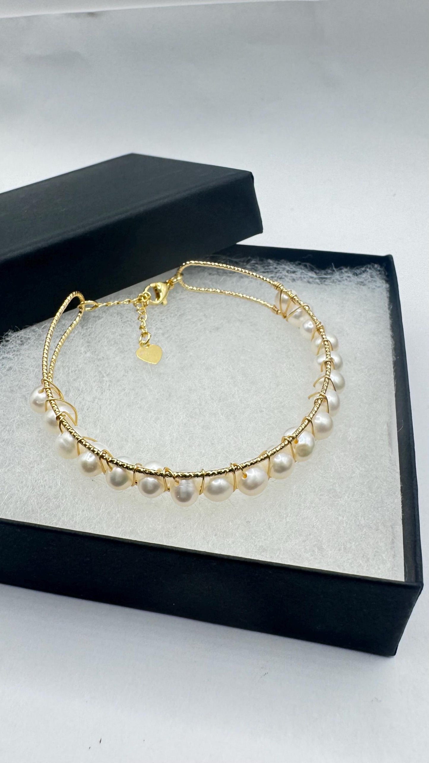 Vintage Pearl Cuff Bangle Bracelet Gold 925 Sterling Silver Hand Made