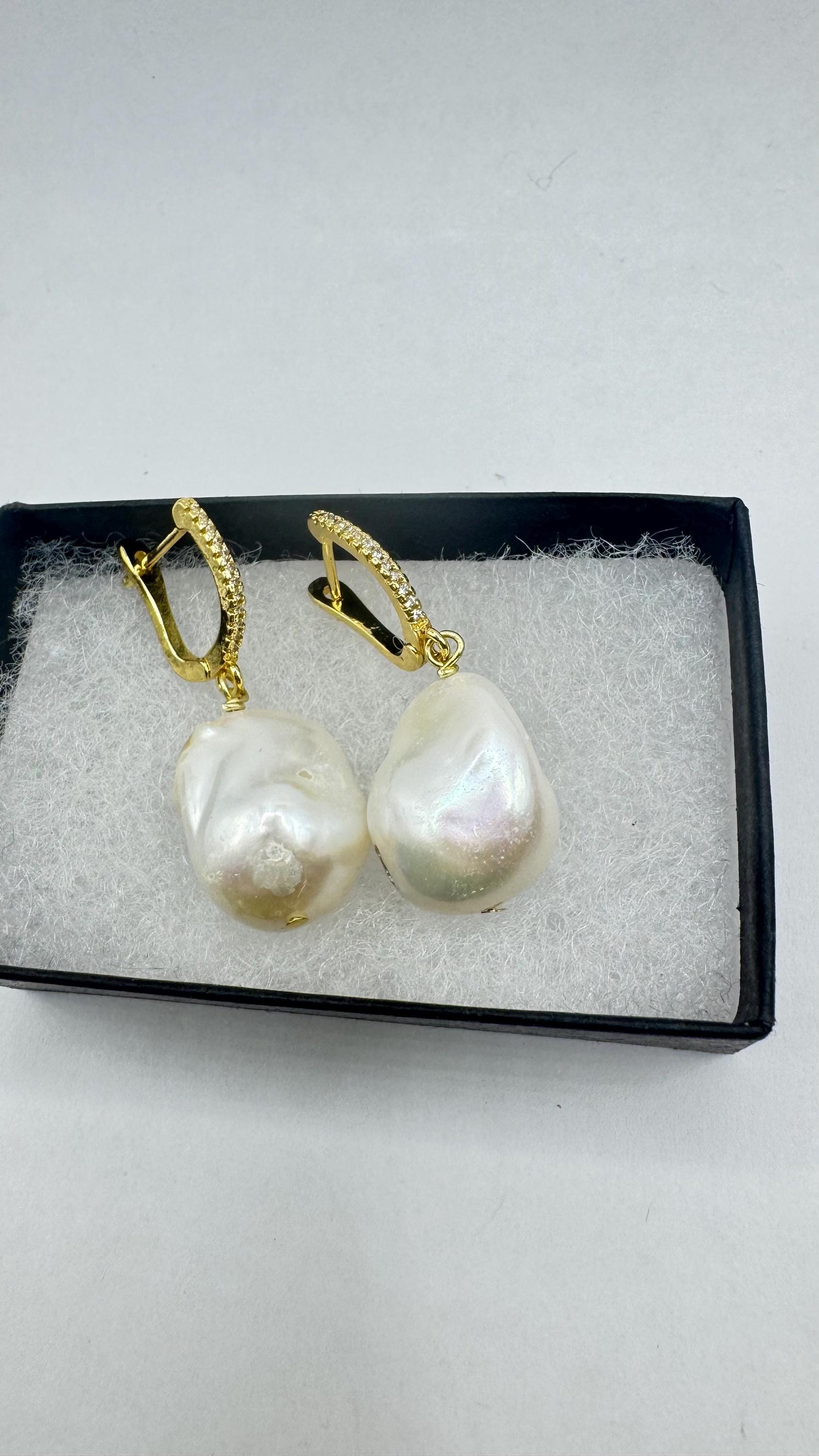 Vintage Biwa Pearl Gold 925 Sterling Silver Dangle Earrings