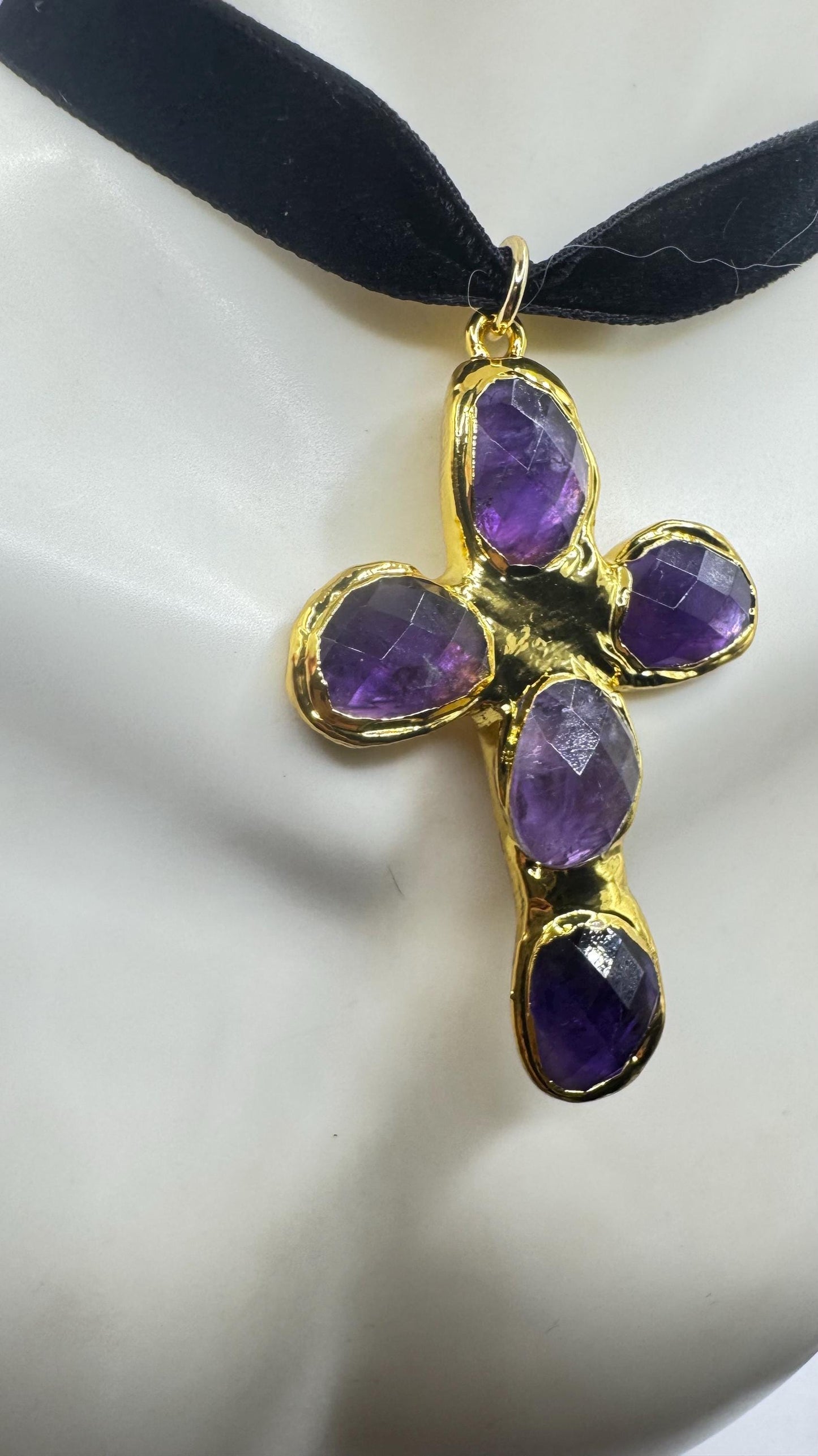 Bohemian Cut Deep Purple Genuine Amethyst Cross Choker Necklace