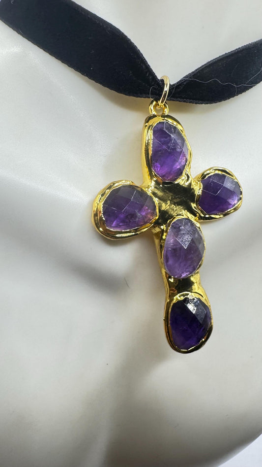 Bohemian Cut Deep Purple Genuine Amethyst Cross Choker Necklace