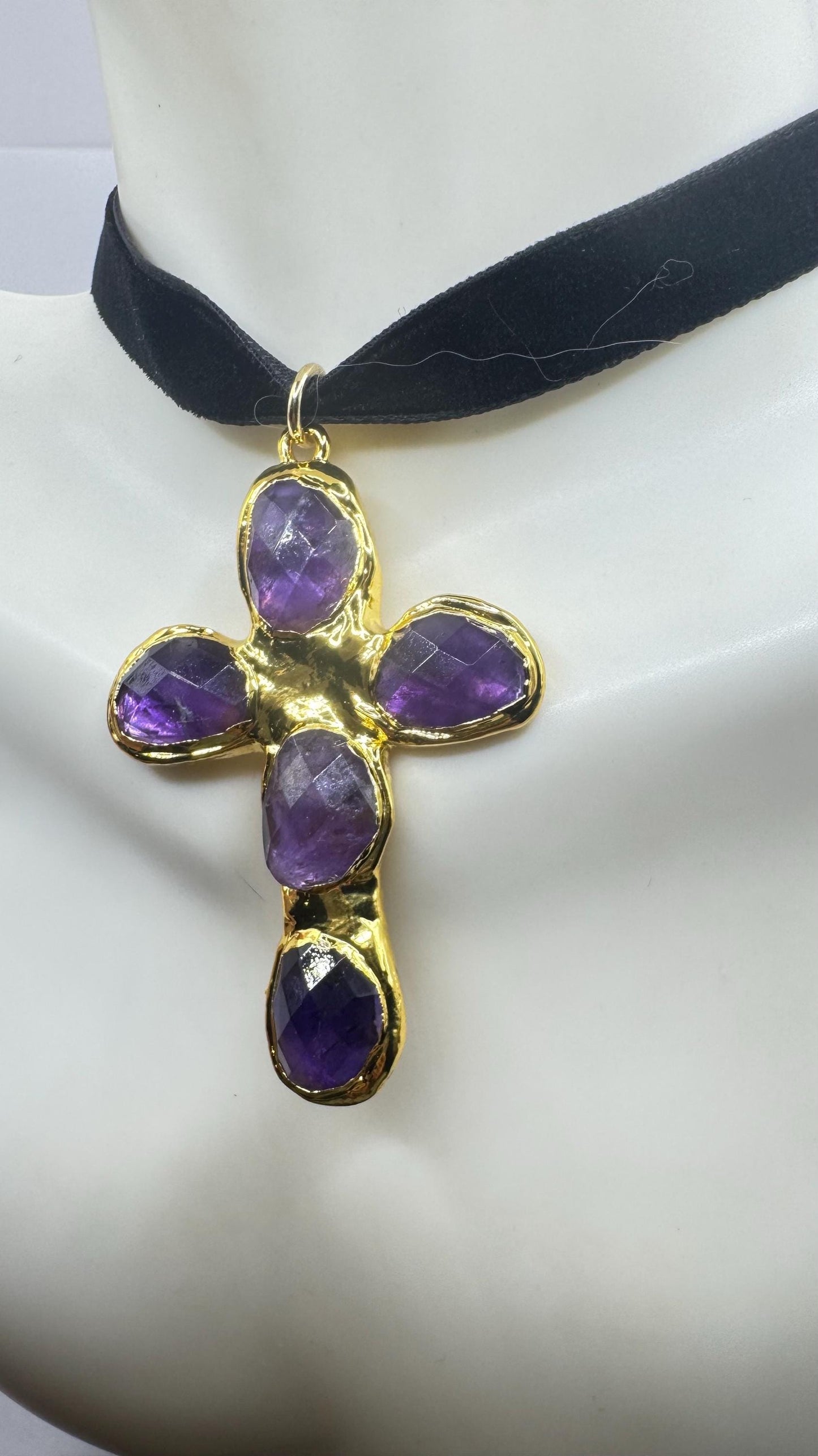 Bohemian Cut Deep Purple Genuine Amethyst Cross Choker Necklace