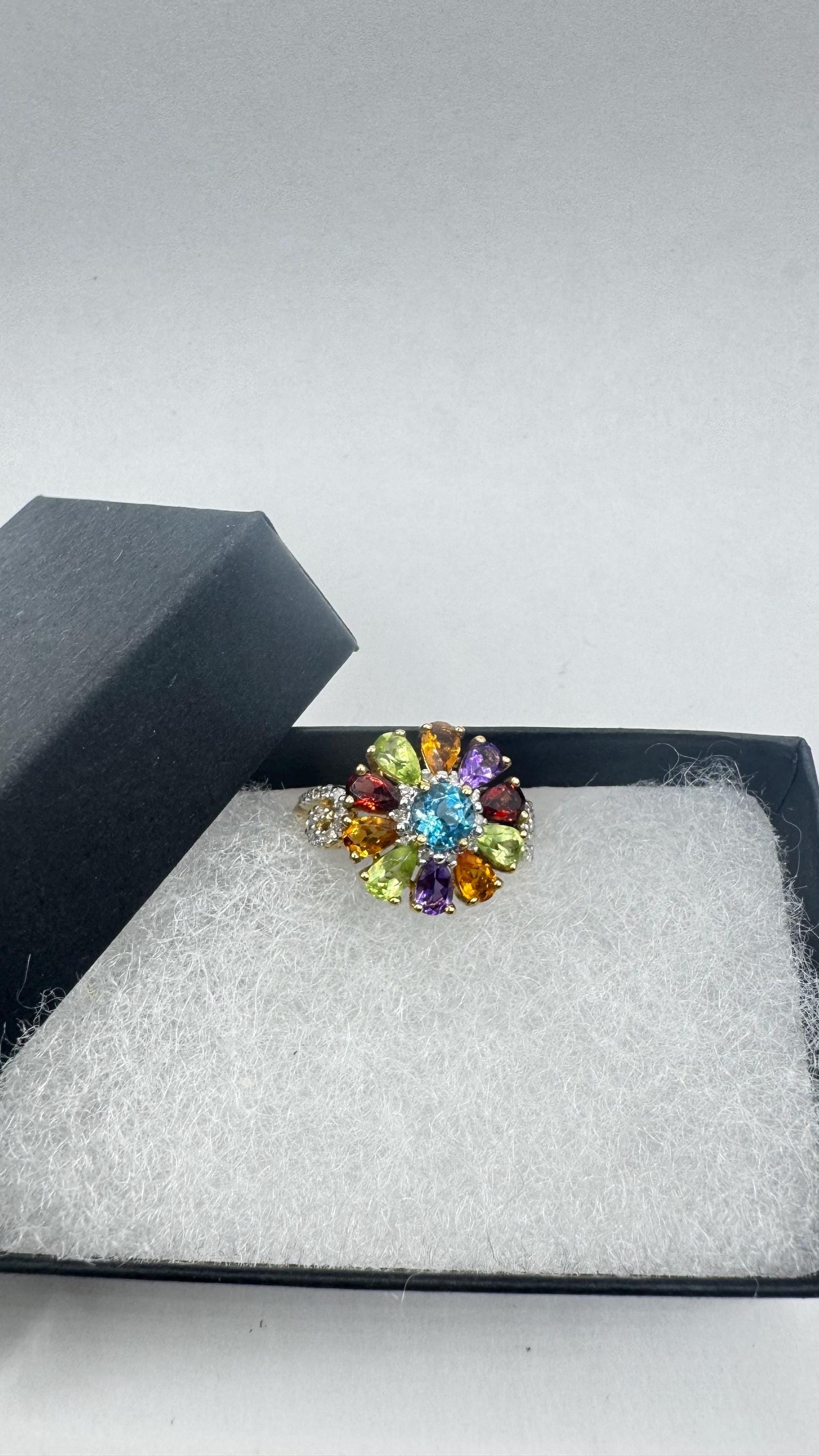 Vintage mixed genuine gemstones Golden 925 Sterling Silver Cocktail Ring