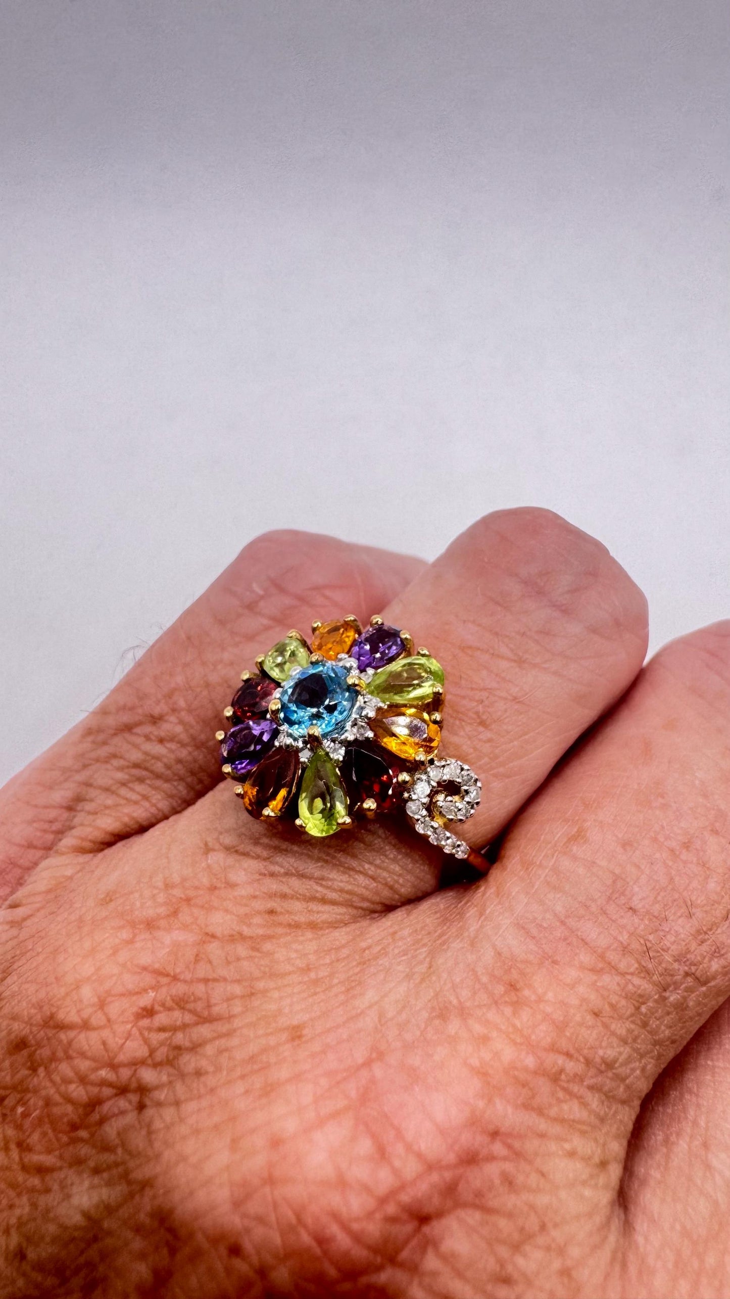 Vintage mixed genuine gemstones Golden 925 Sterling Silver Cocktail Ring