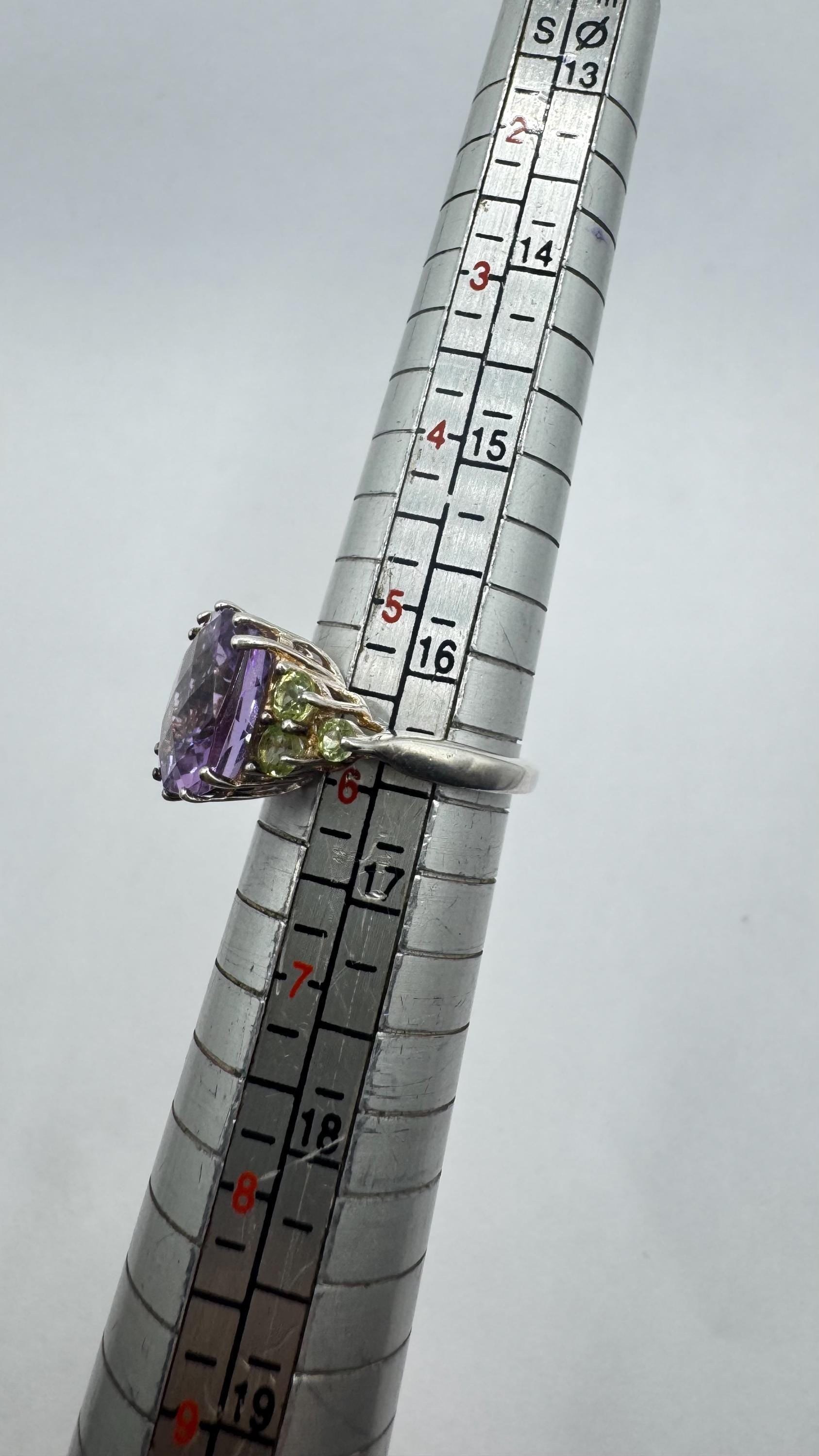 Vintage Purple Amethyst Green Peridot Cocktail Ring 925 Sterling Silver