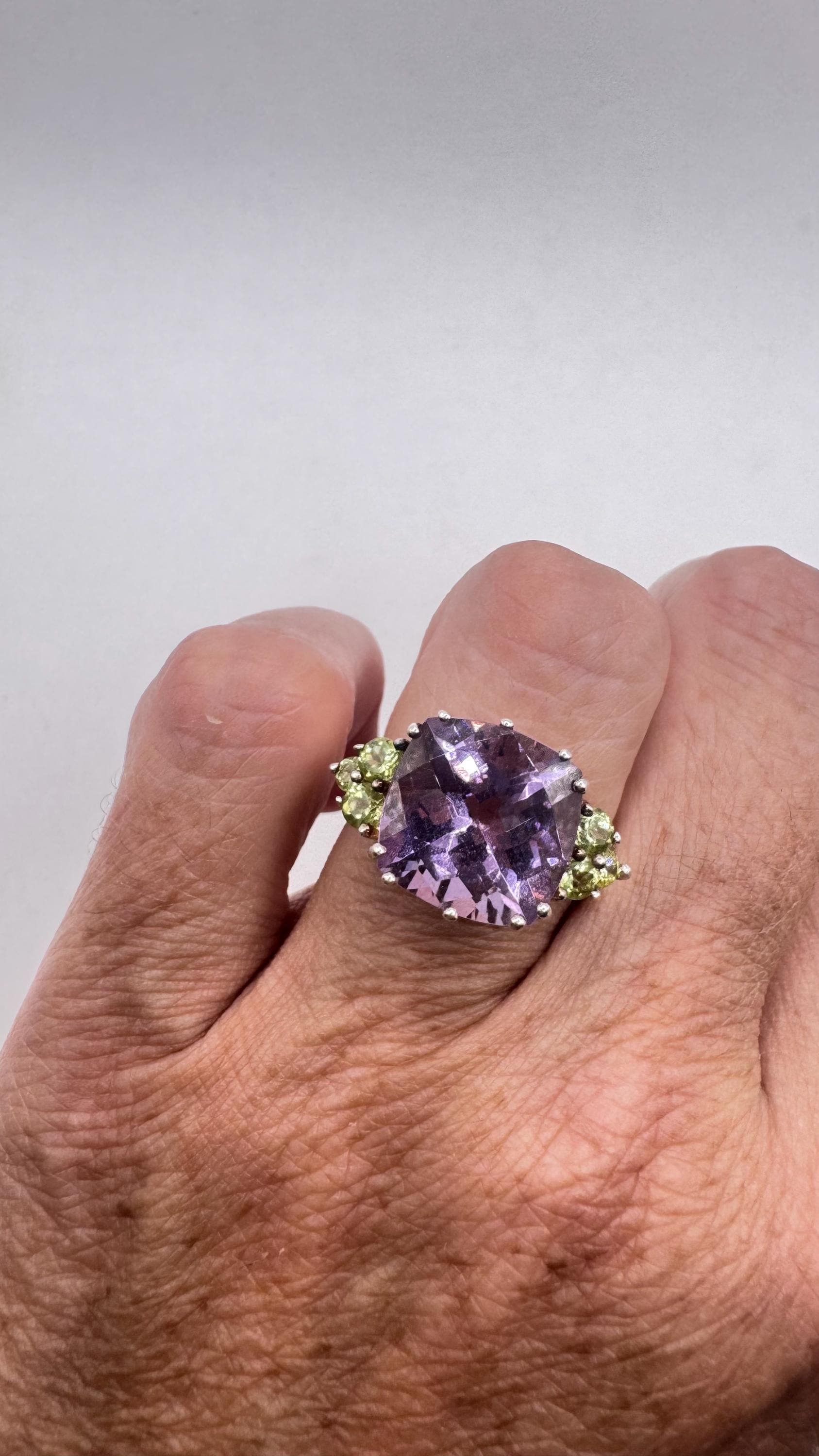 Vintage Purple Amethyst Green Peridot Cocktail Ring 925 Sterling Silver