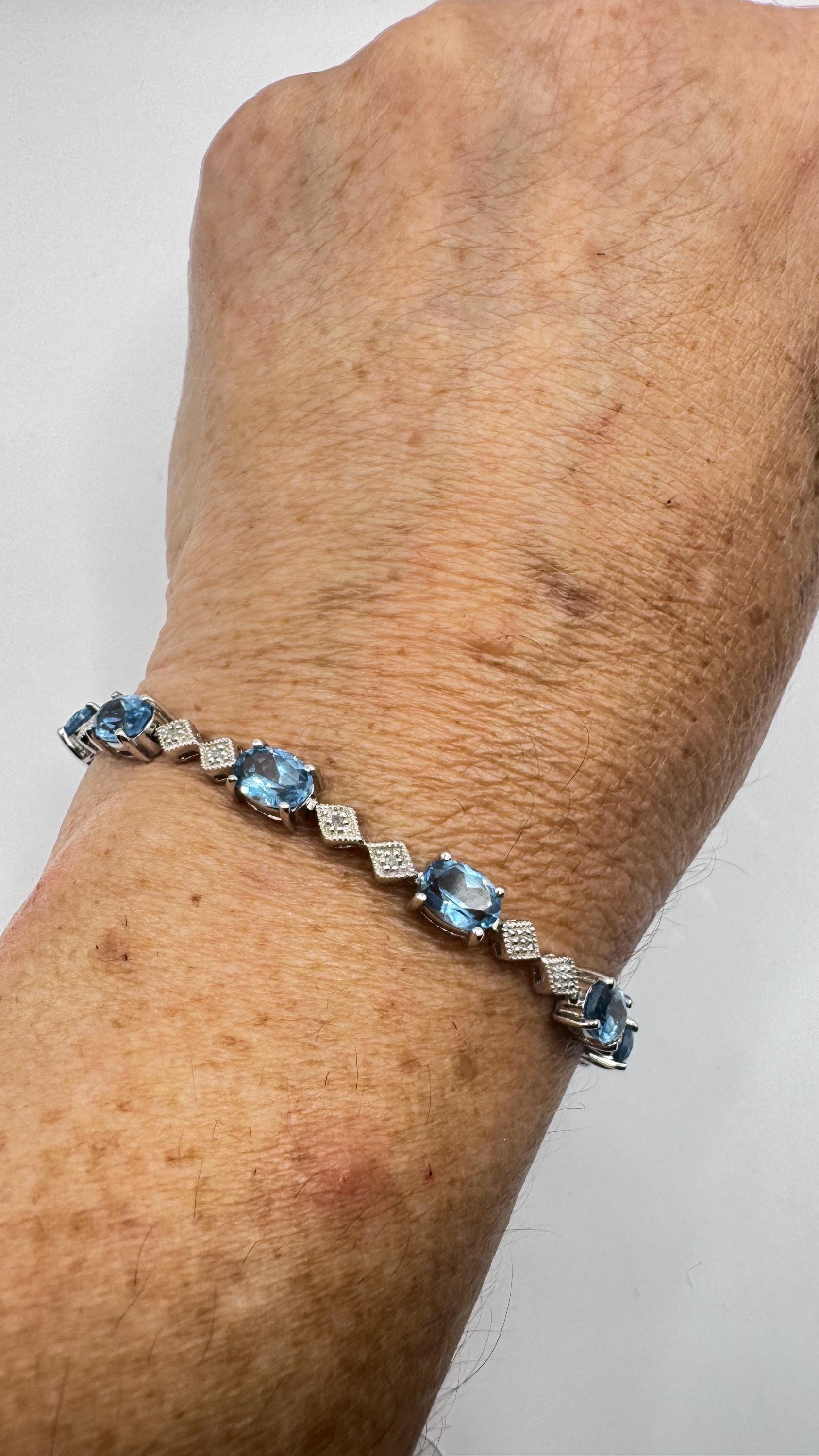 Vintage Blue Topaz Diamond 925 Sterling Silver Tennis Bracelet