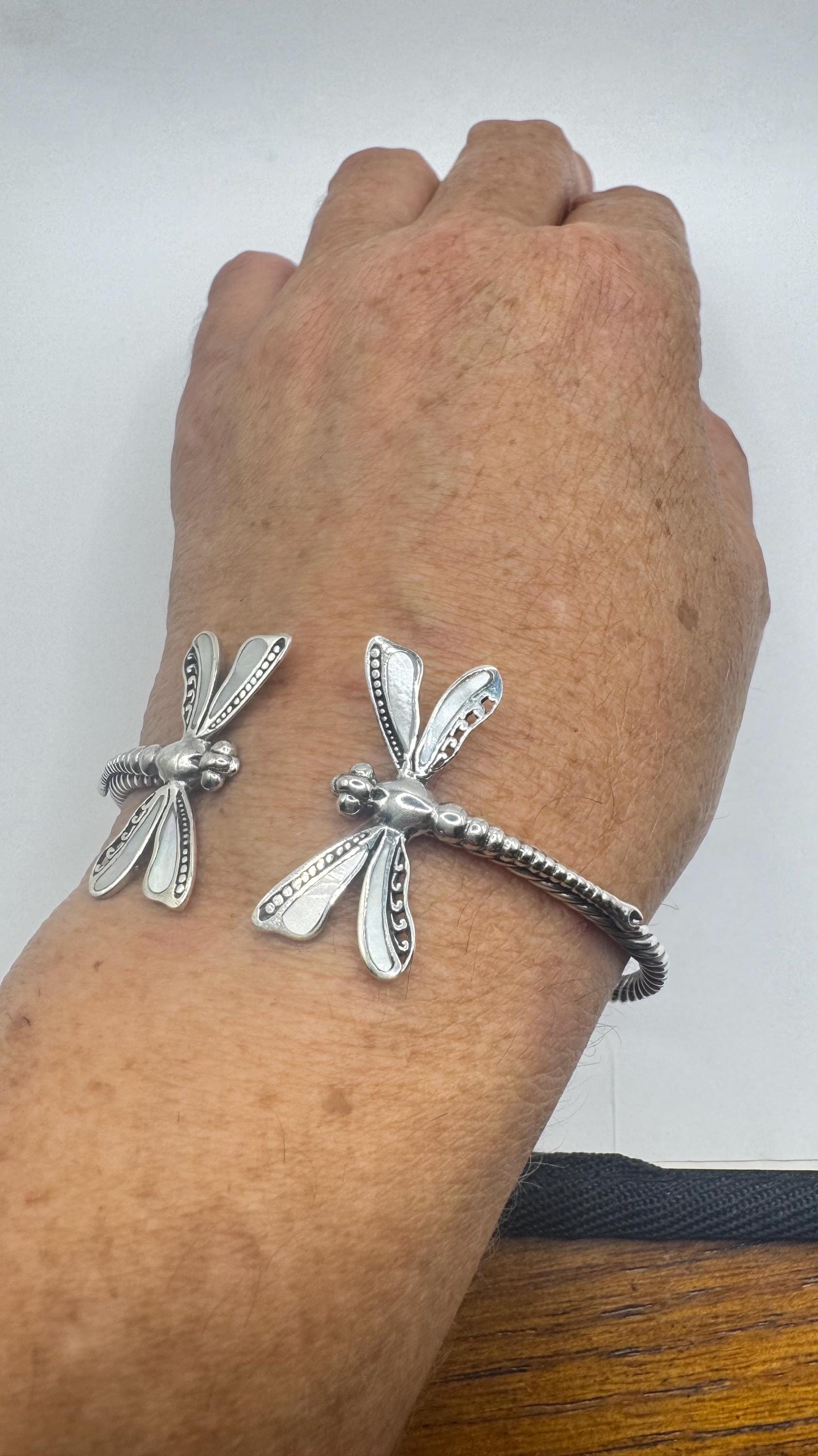 Vintage Dragonfly 925 Sterling Silver Cuff Bangle Bracelet