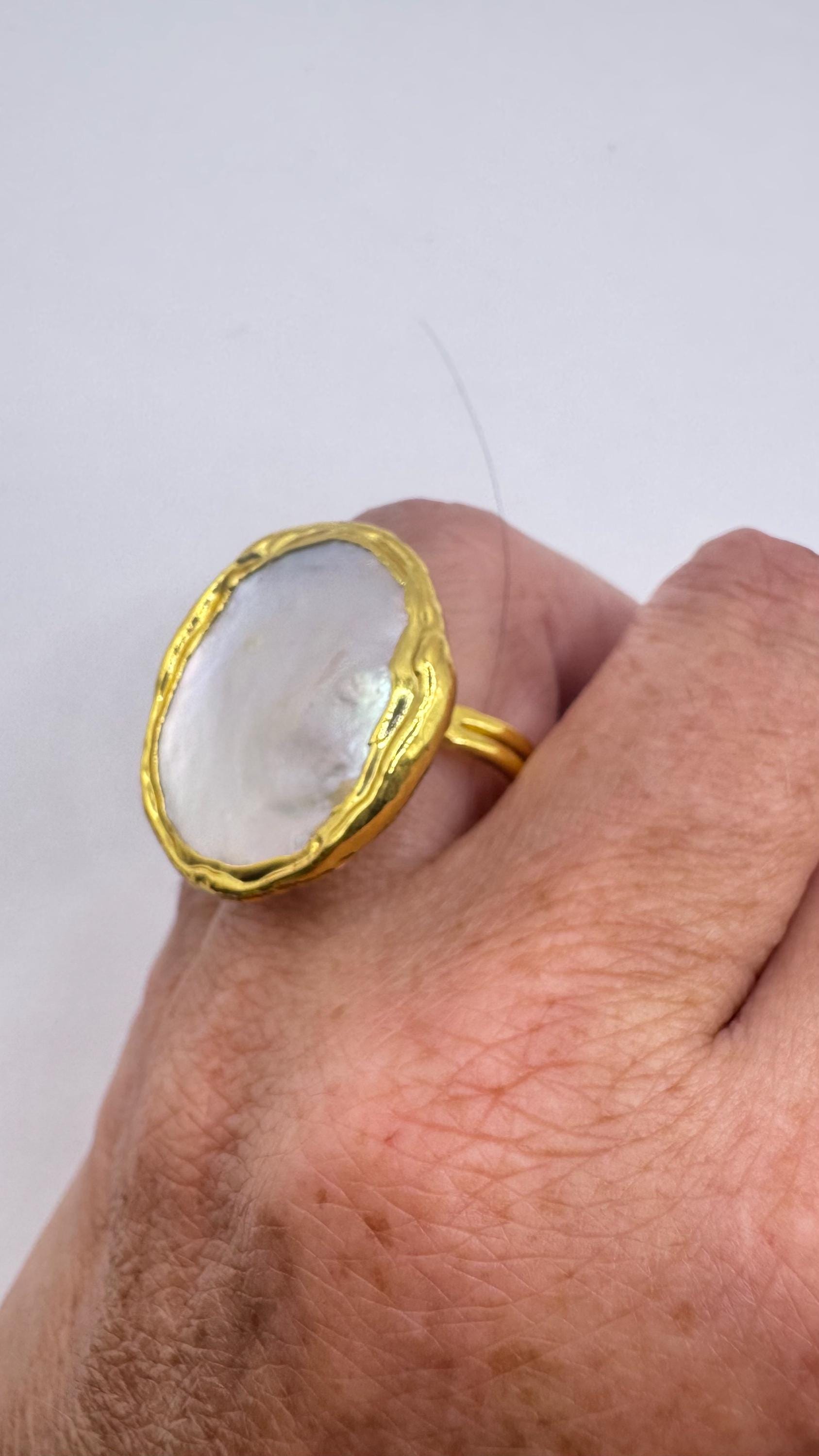 Vintage Biwa Pearl Ring Golden Adjustable