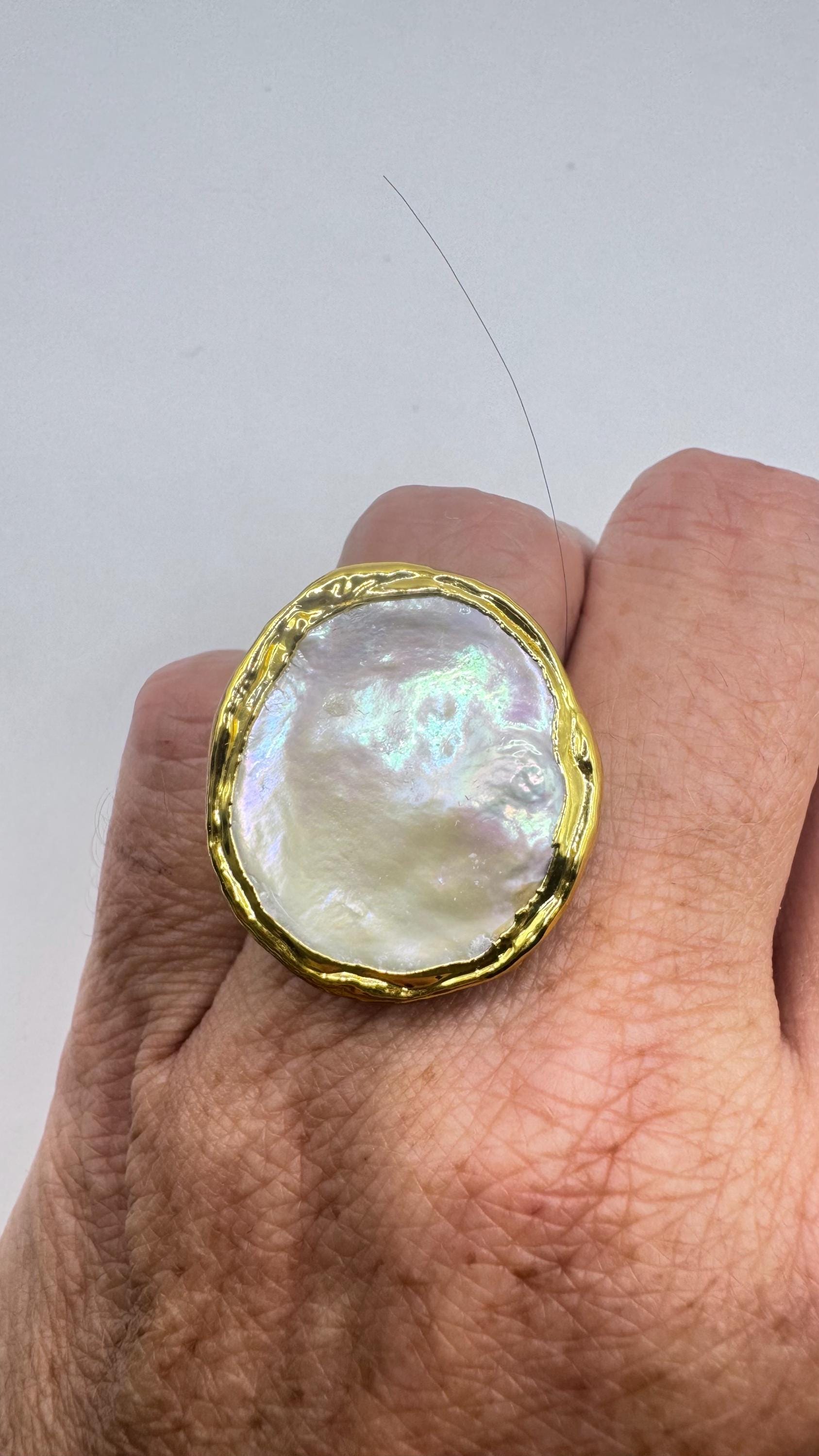 Vintage Biwa Pearl Ring Golden Adjustable