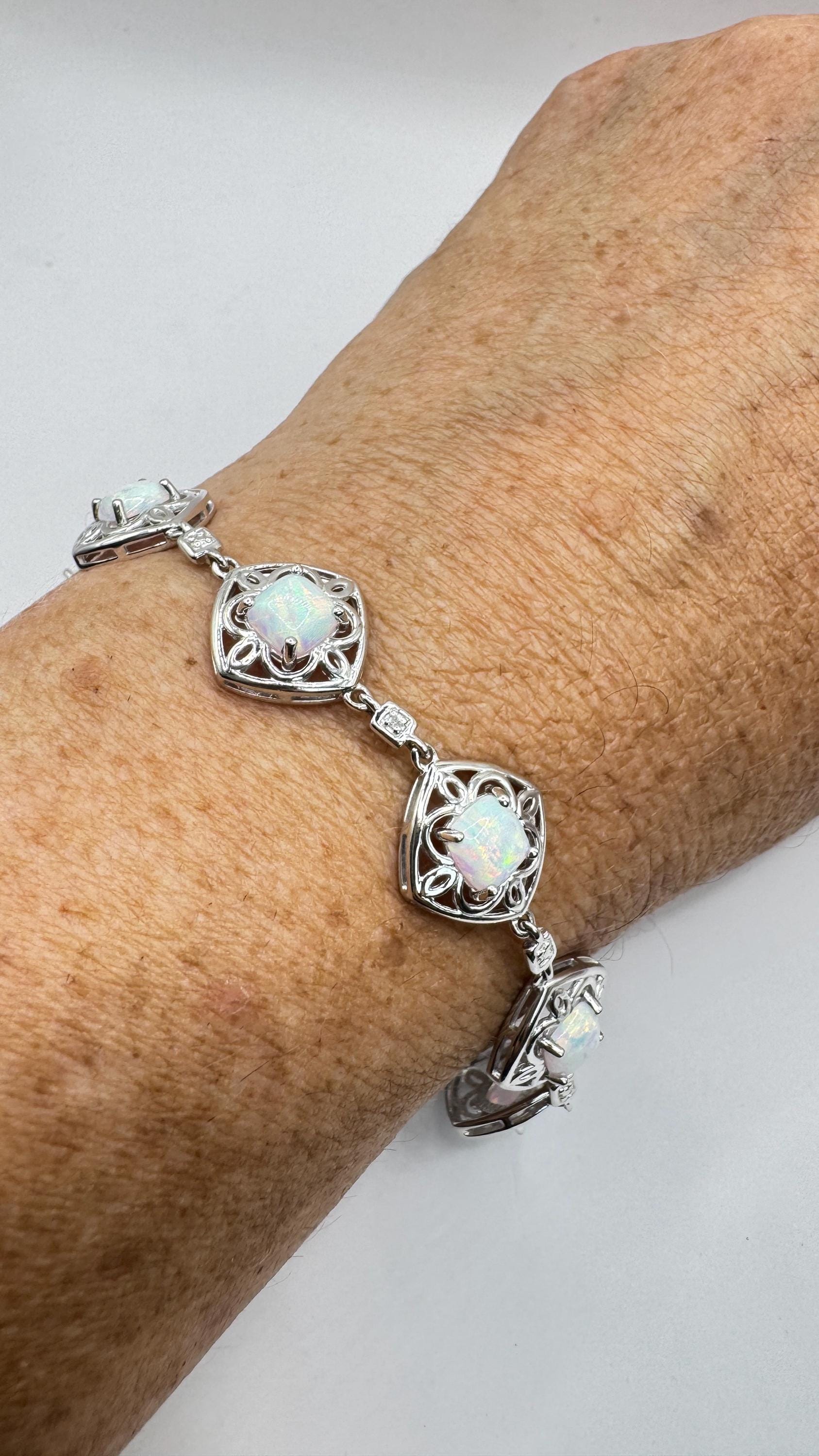 Vintage White Fire Opal Diamond Chip Bracelet 925 Sterling Silver