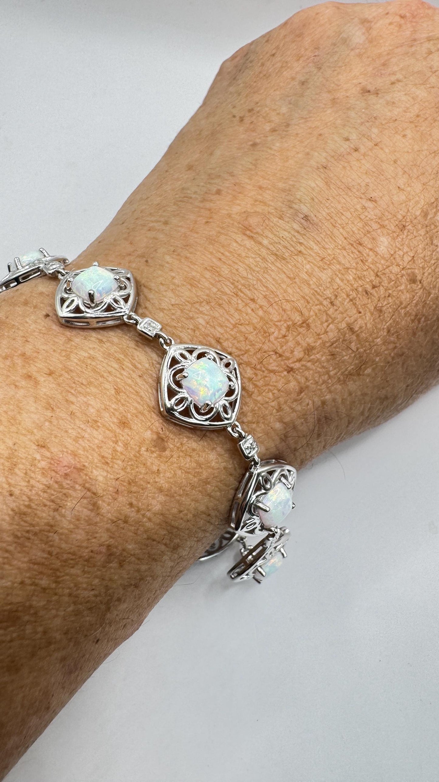 Vintage White Fire Opal Diamond Chip Bracelet 925 Sterling Silver