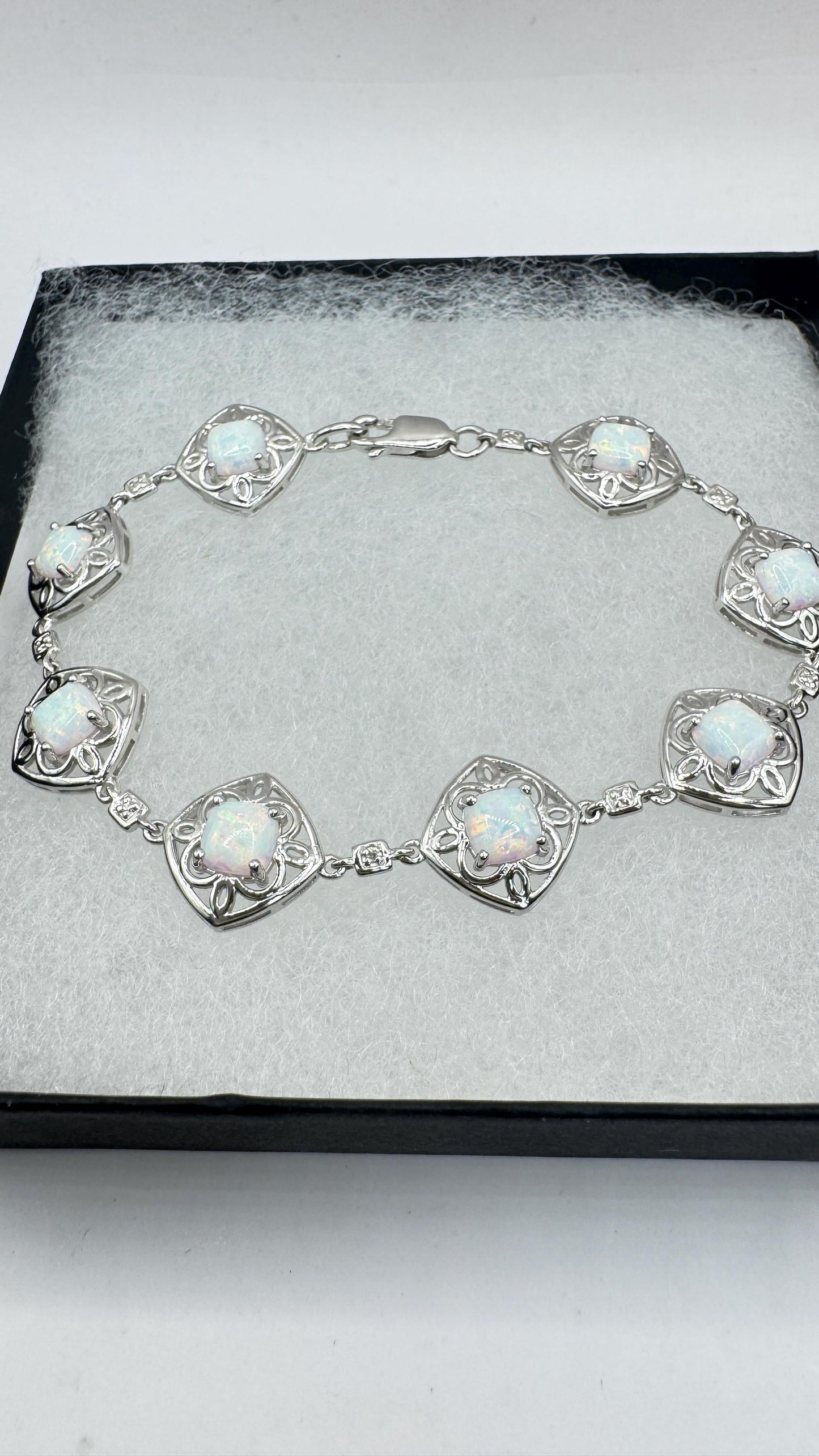 Vintage White Fire Opal Diamond Chip Bracelet 925 Sterling Silver