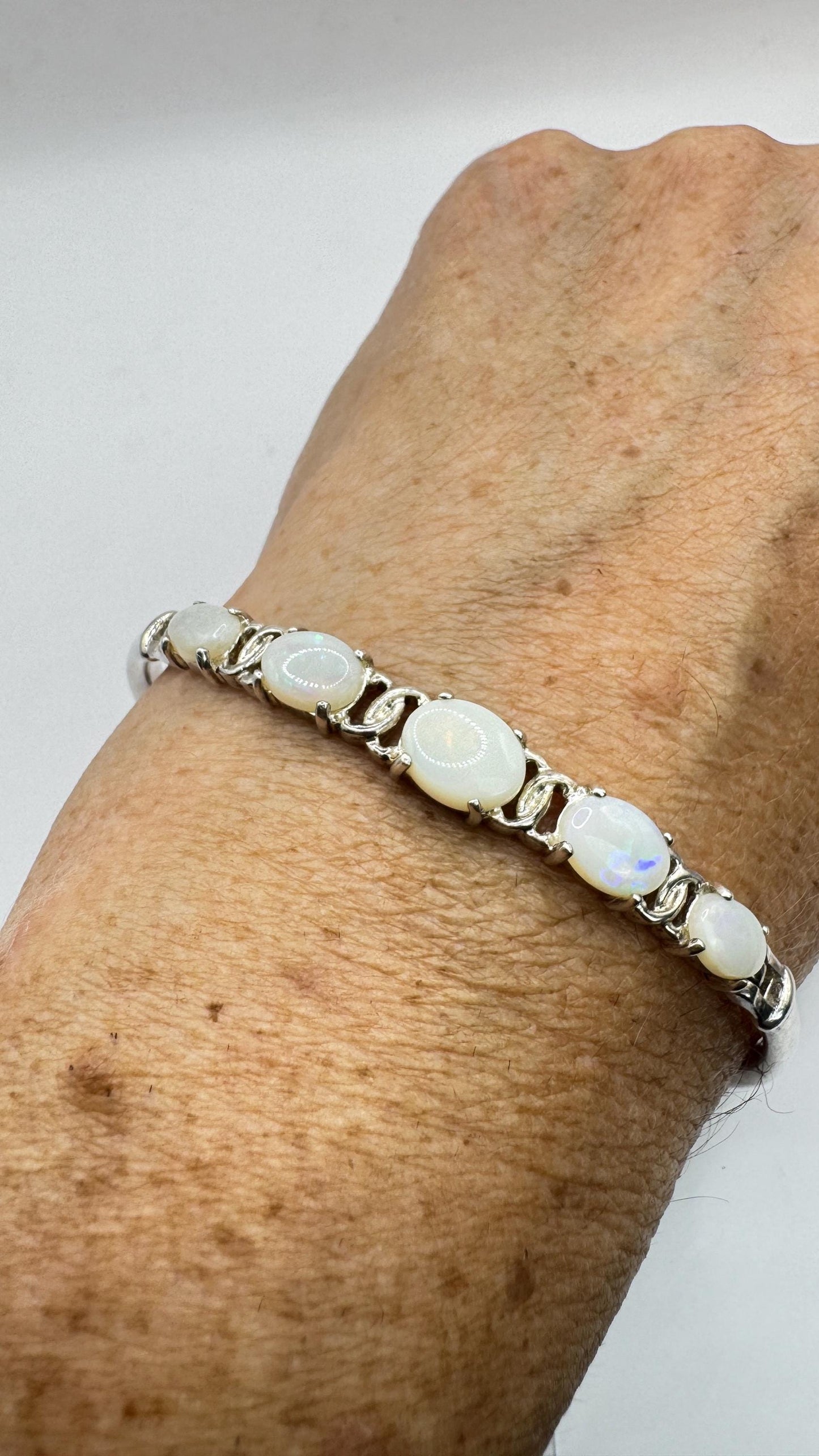 Vintage Blue Fire Opal Bangle Cuff Bracelet 925 Sterling Silver