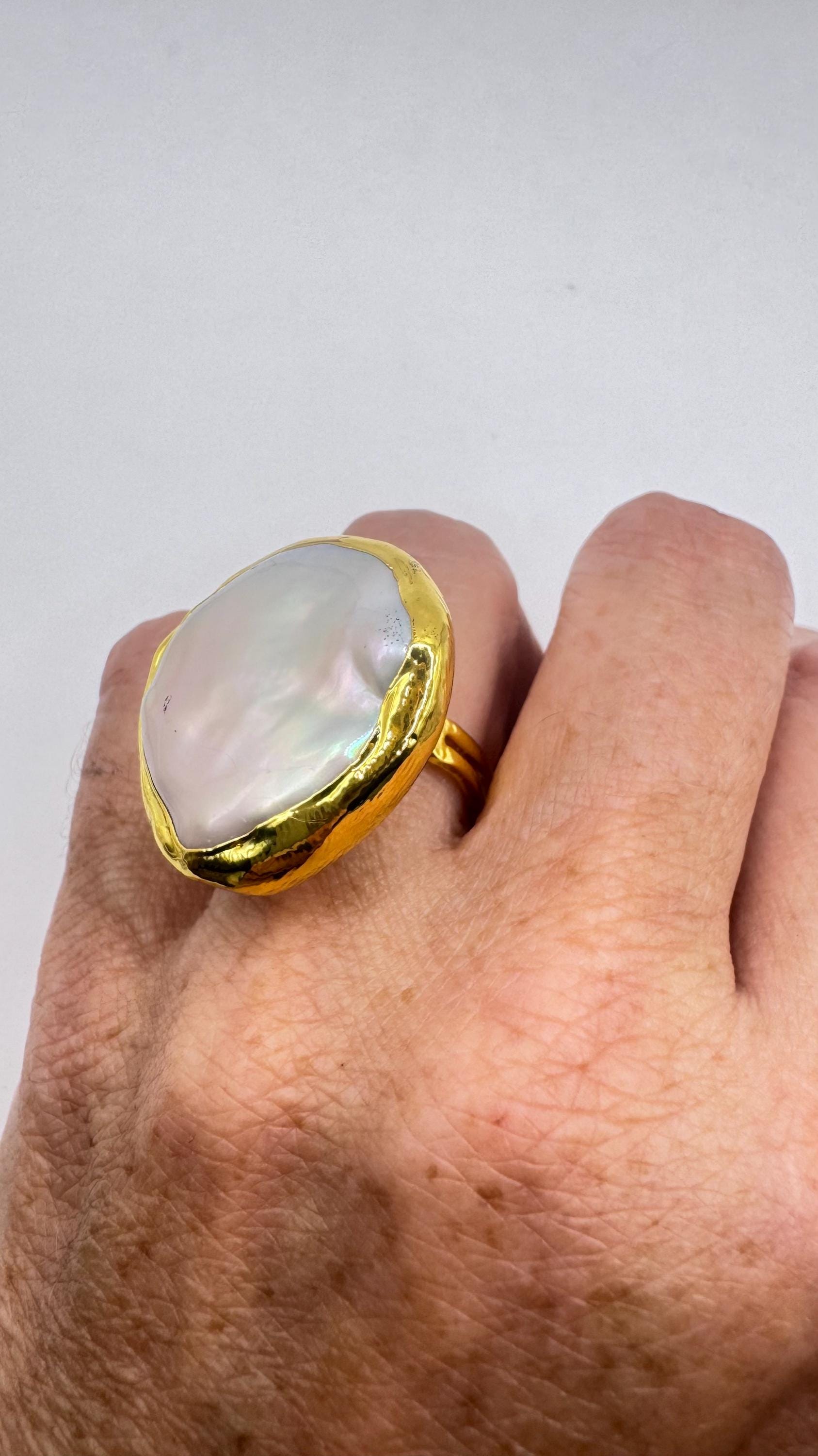 Vintage Biwa Pearl Ring Golden Adjustable