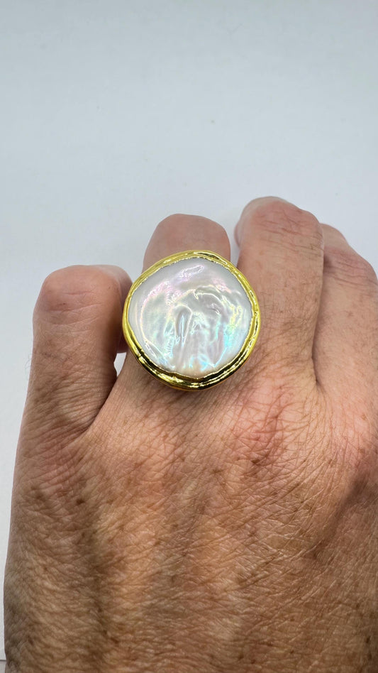 Vintage Biwa Pearl Ring Golden Adjustable