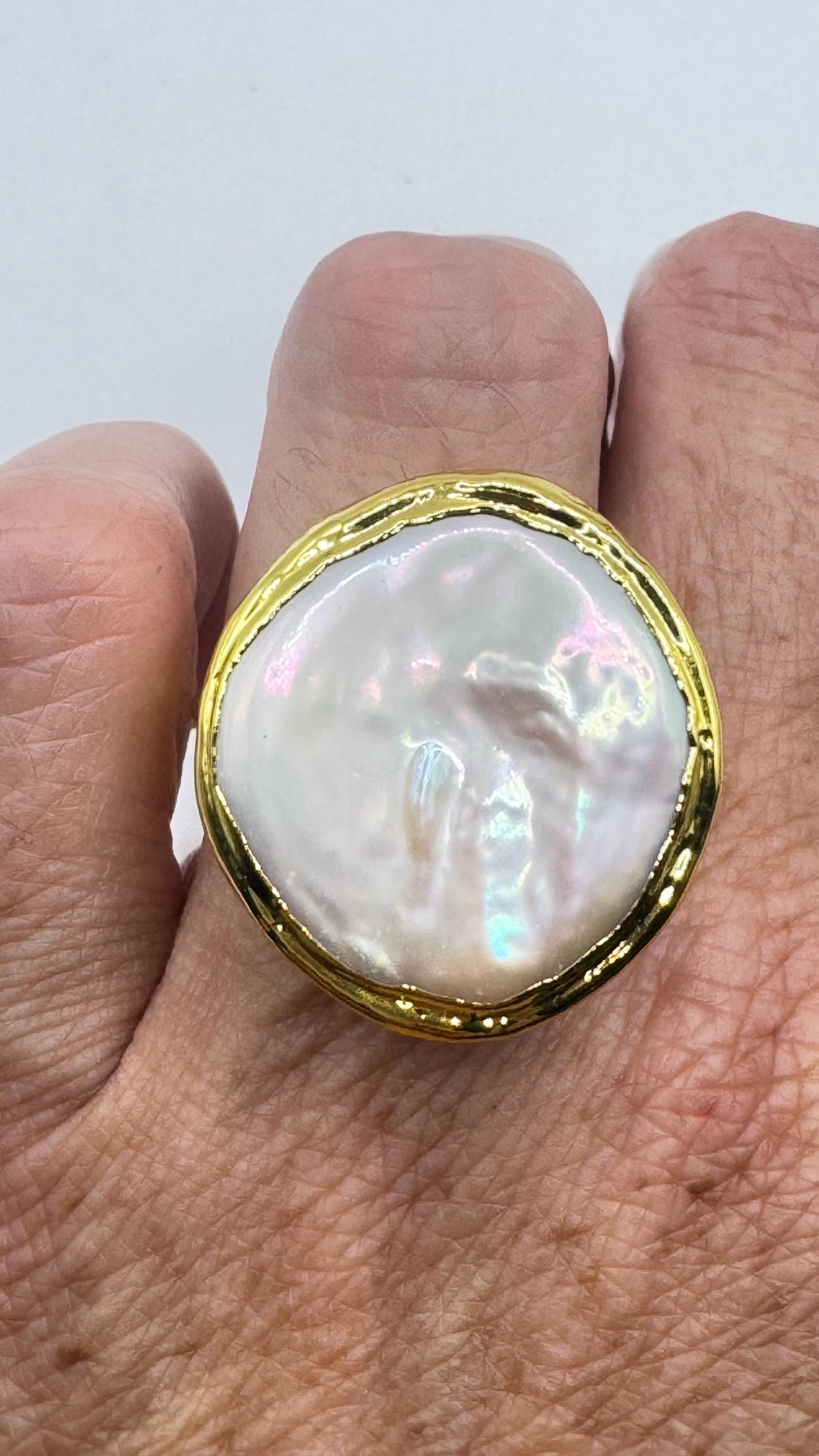 Vintage Biwa Pearl Ring Golden Adjustable