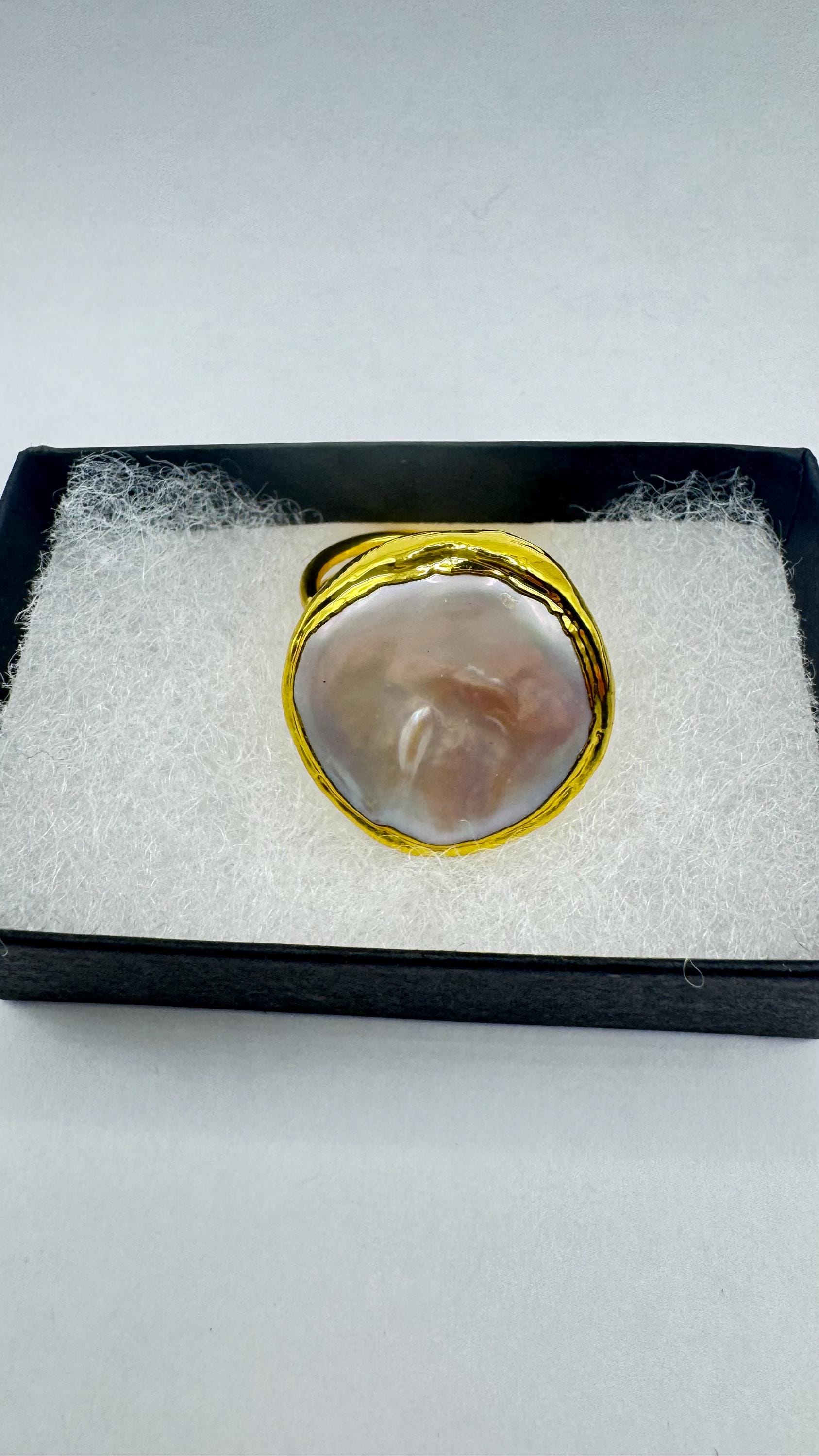 Vintage Biwa Pearl Ring Golden Adjustable