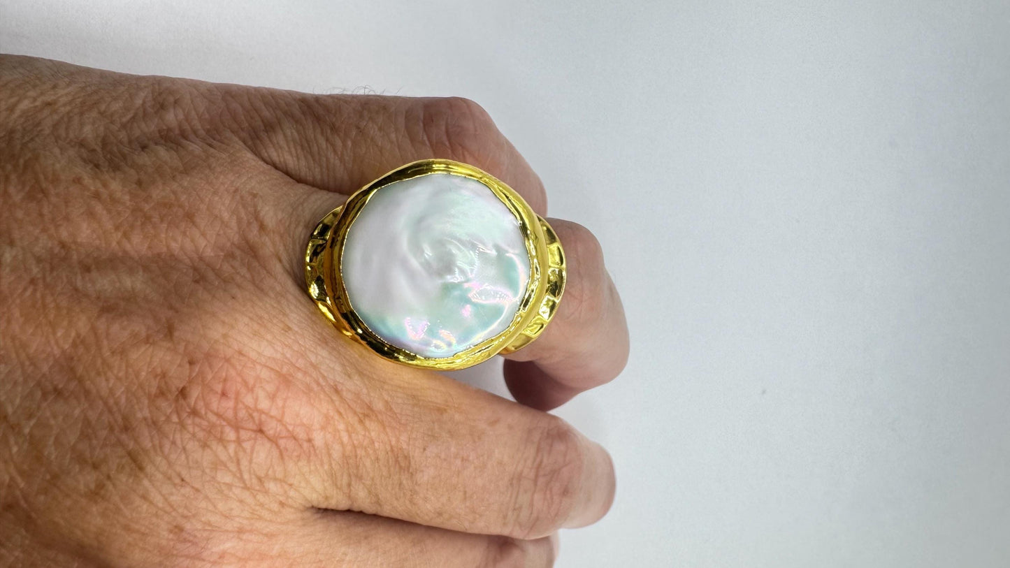 Vintage Biwa Pearl Ring Golden Adjustable